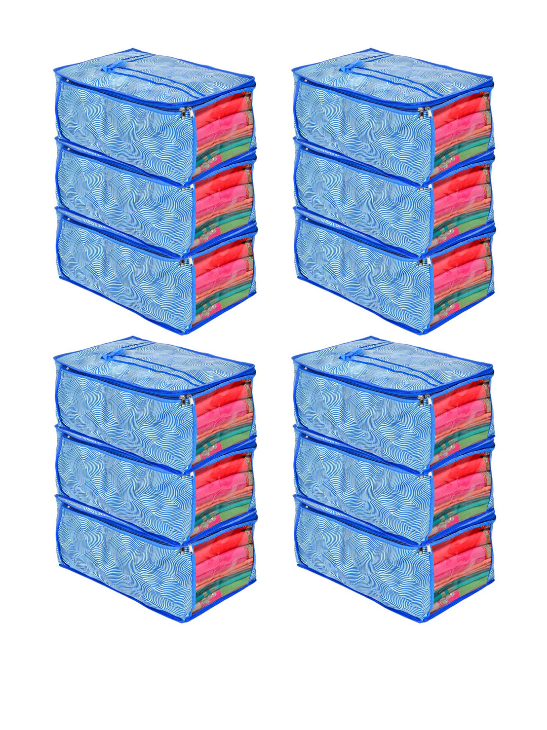 Kuber Industries Set Of 12 Blue & White Lahariya Printed Saree Cover Organisers