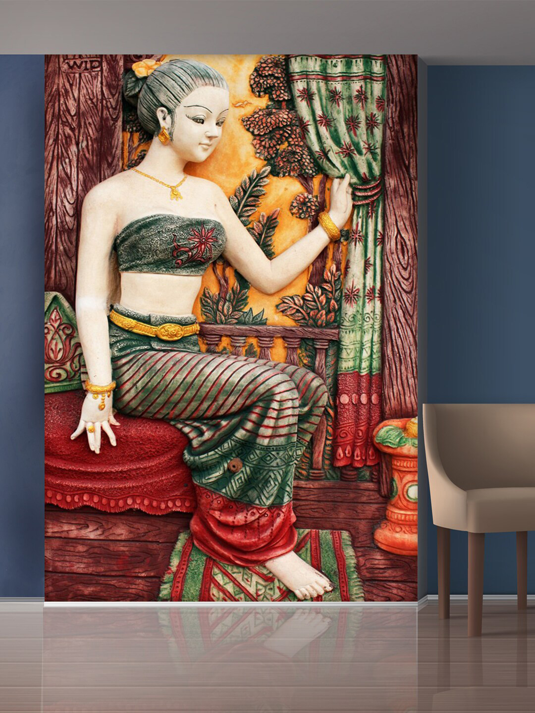 999Store Red & Green Sitting Lady Statue Mural Self-Adhesive Wallpaper