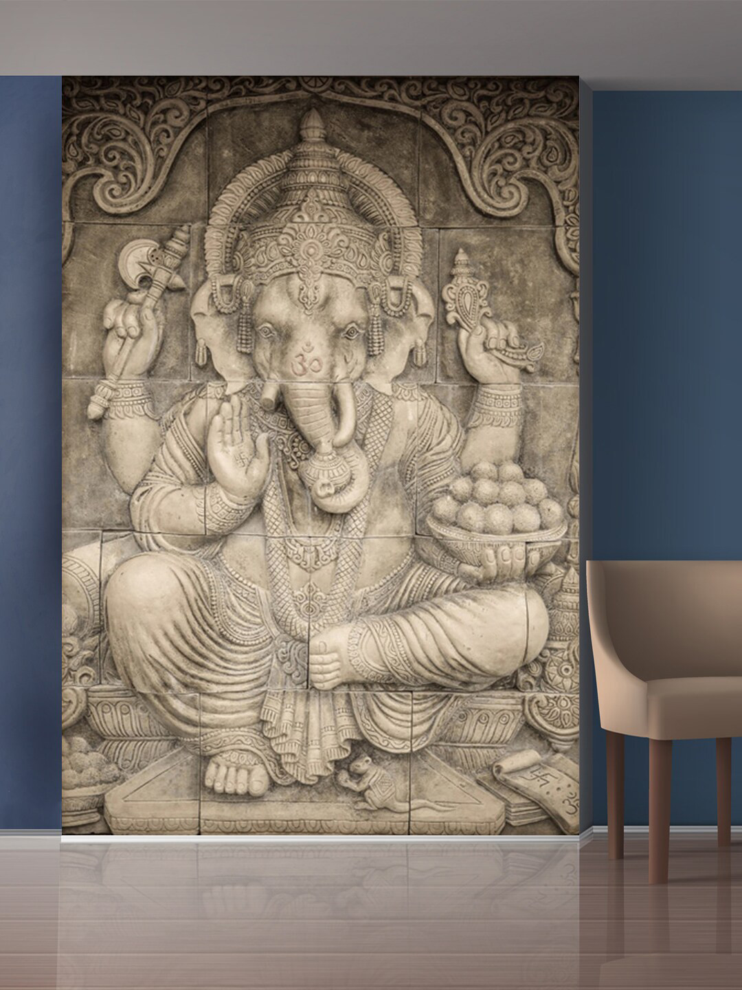 999Store White & Beige Stones & Lord Ganesha Mural Wallpaper