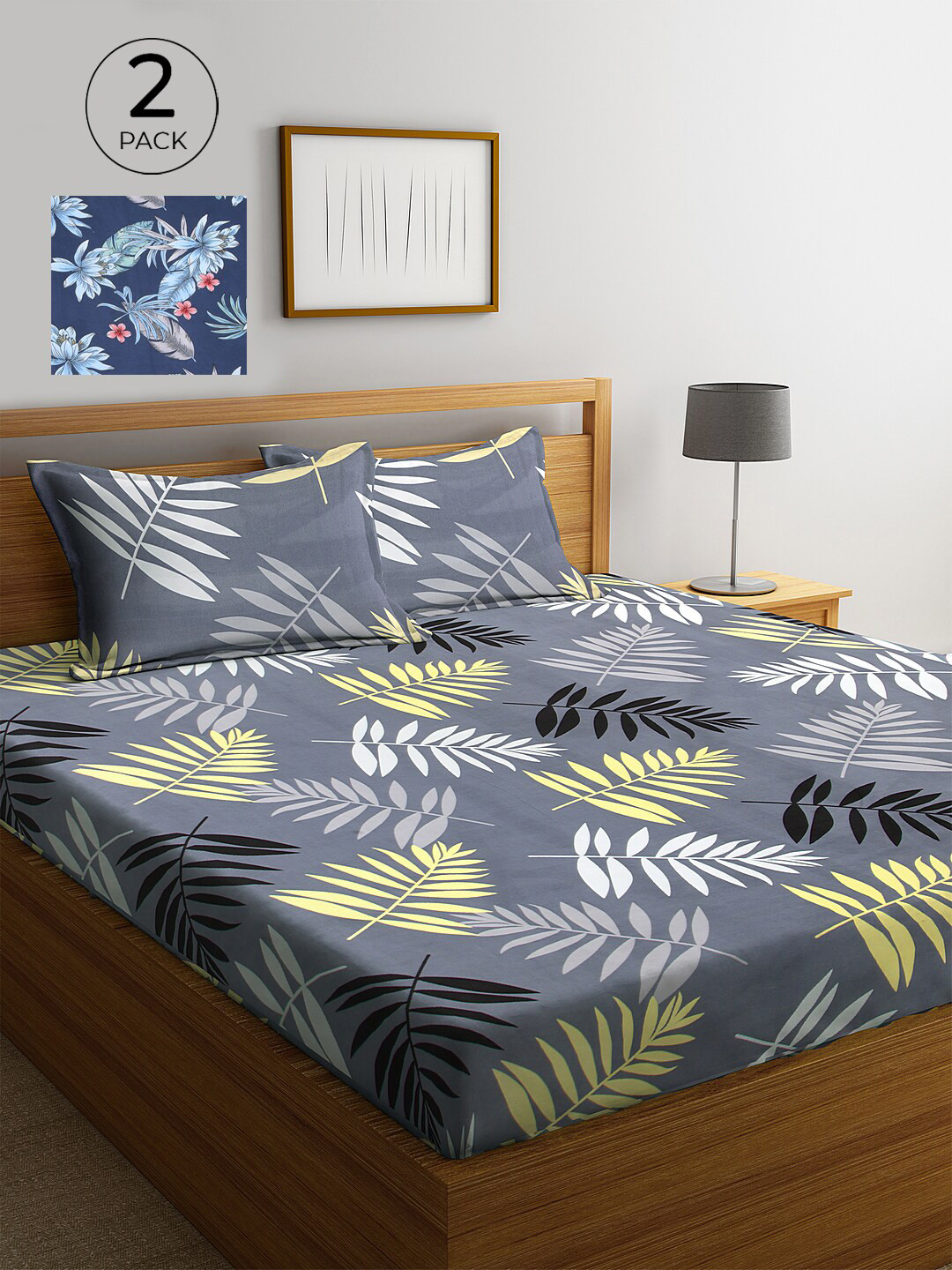 KLOTTHE Grey Leaf Polycotton 210 TC King Fine 2 Bedsheet with 4 Pillow Covers-98 x 83 inches