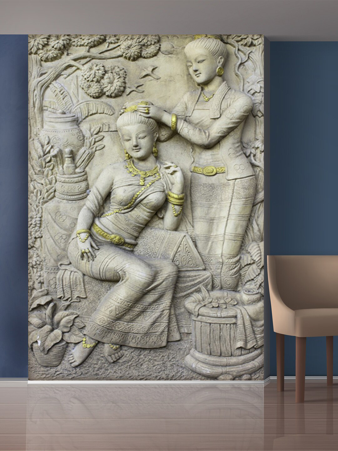 999Store Off-White Trees And Ladys Mural Self-Adhesive Wallpaper