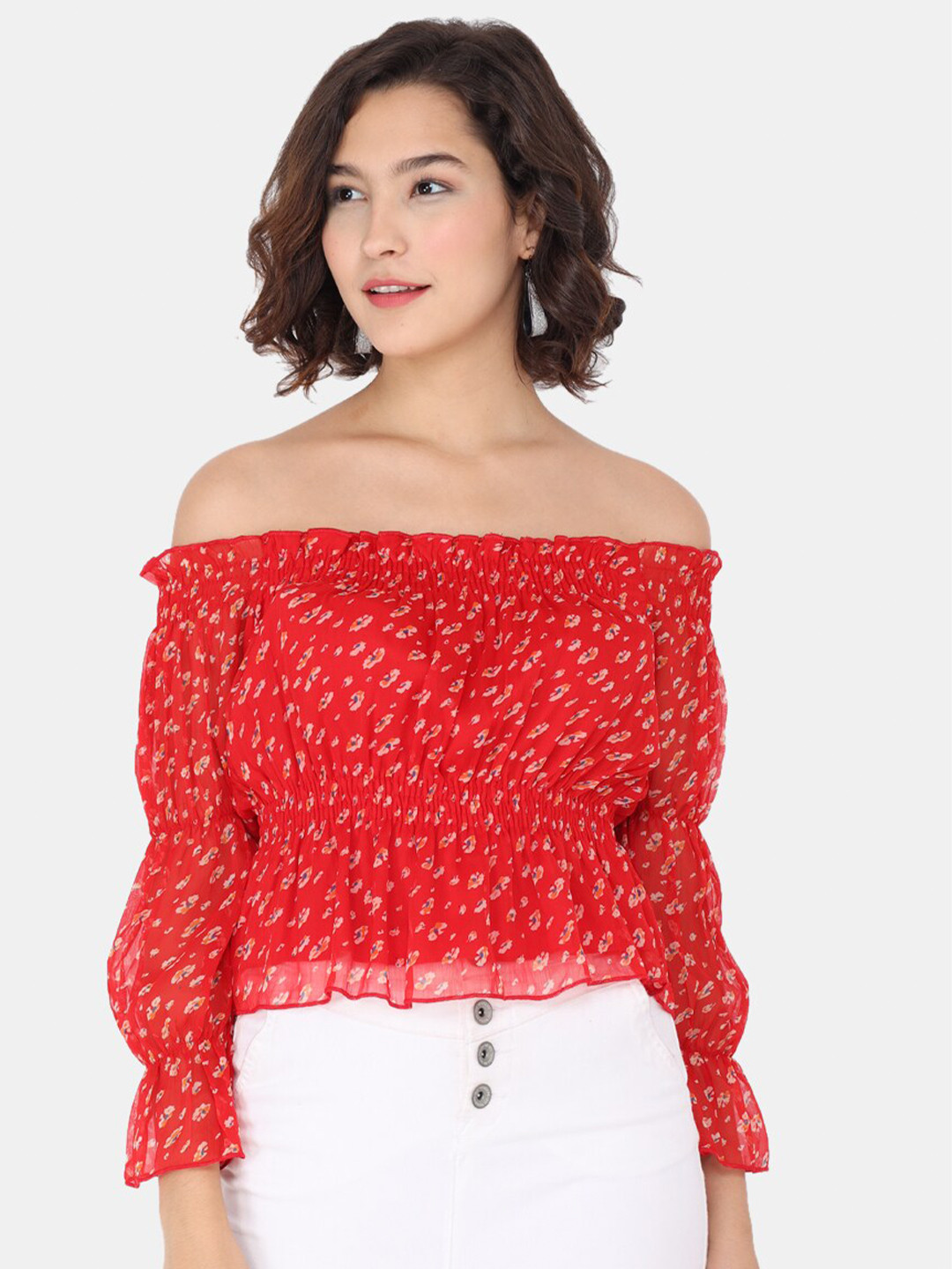 Trend Arrest Red Floral Off-Shoulder Chiffon Smocking Bardot Top