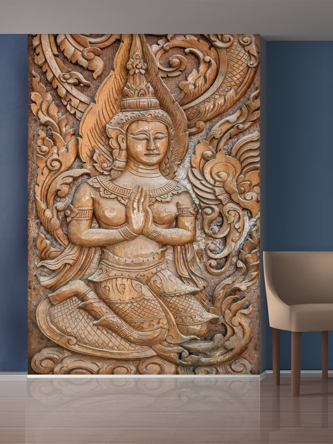 999Store Brown Flowers And Sitting Lady Mural Self-Adhesive Wallpaper