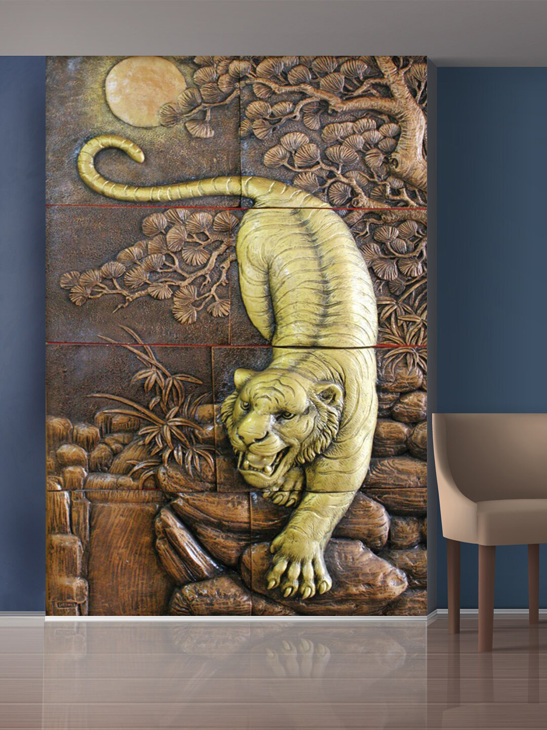 999Store Brown & Gold-Toned Tree & Golden Angry Tiger Mural Wal Stickers