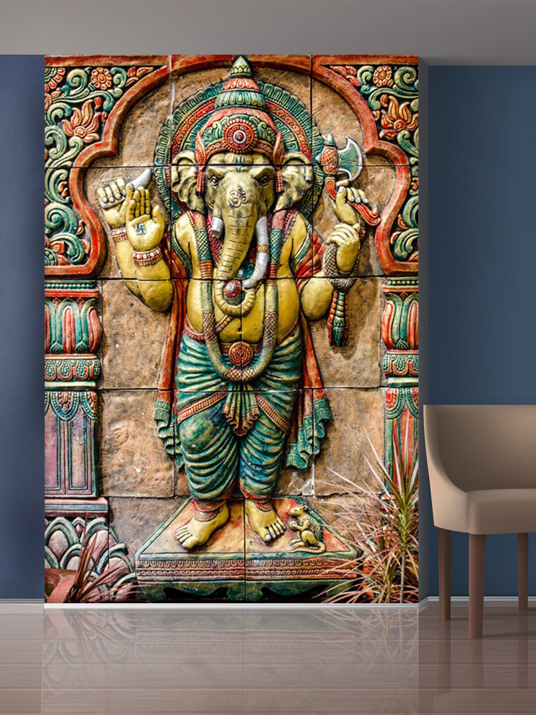 999Store Red & Green Lord Ganesha Mural Self-Adhesive Wallpaper