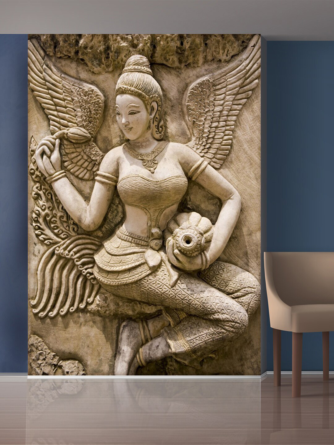 999Store White Angel Sitting With Flowers Self-Adhesive Wallpaper