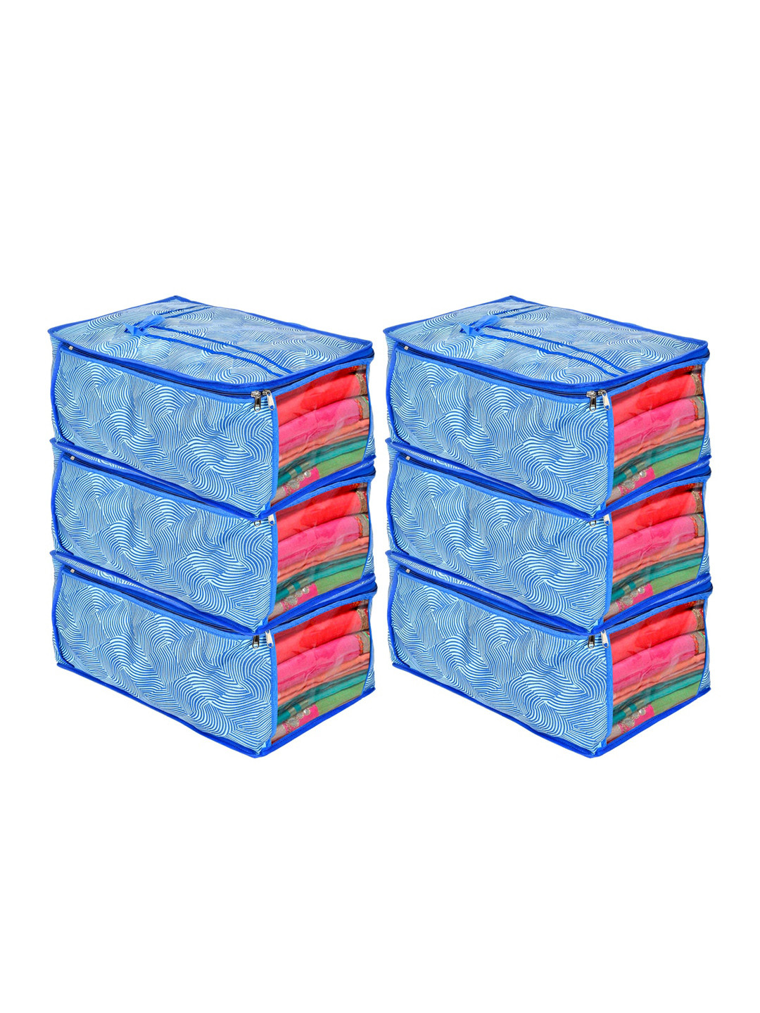 Kuber Industries Set Of 6 Blue & White Metalic Lahariya Print Saree Organisers