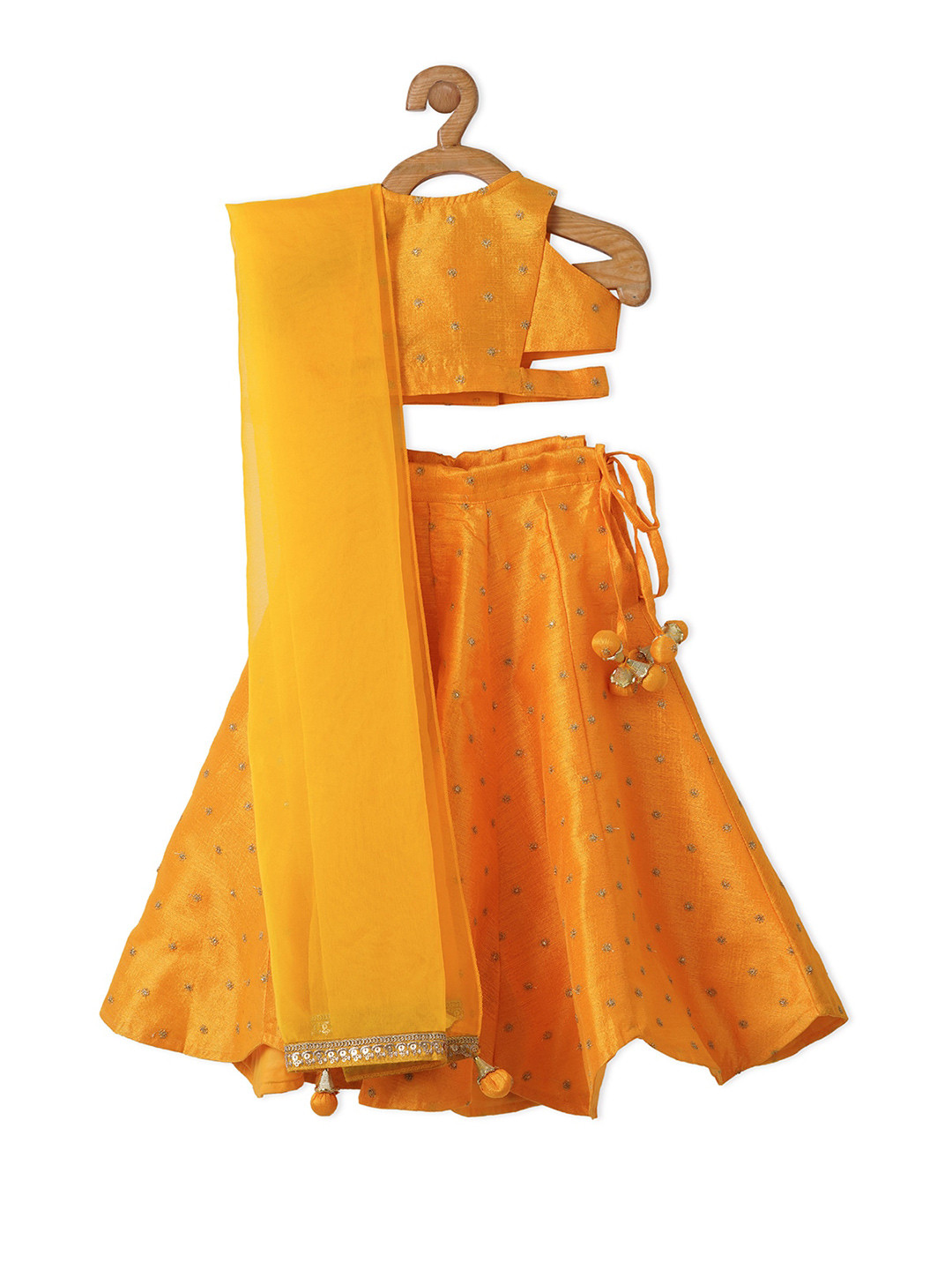 PICCOLO Girls Yellow & Gold-Toned Embroidered Ready to Wear Lehenga & Blouse With Dupatta