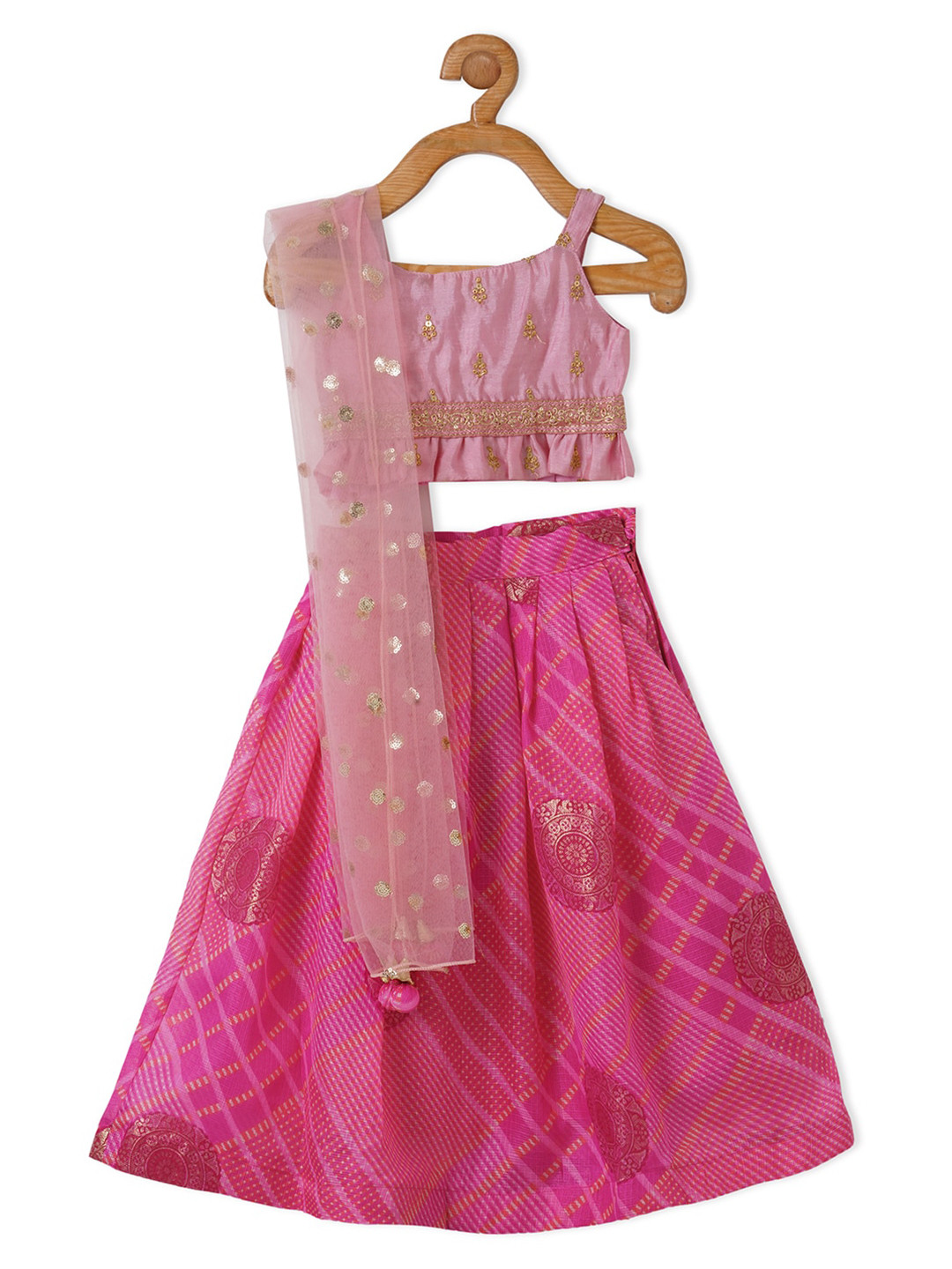 PICCOLO Girls Sleeveless Pink Embellished Blouse with Lehenga and Dupatta
