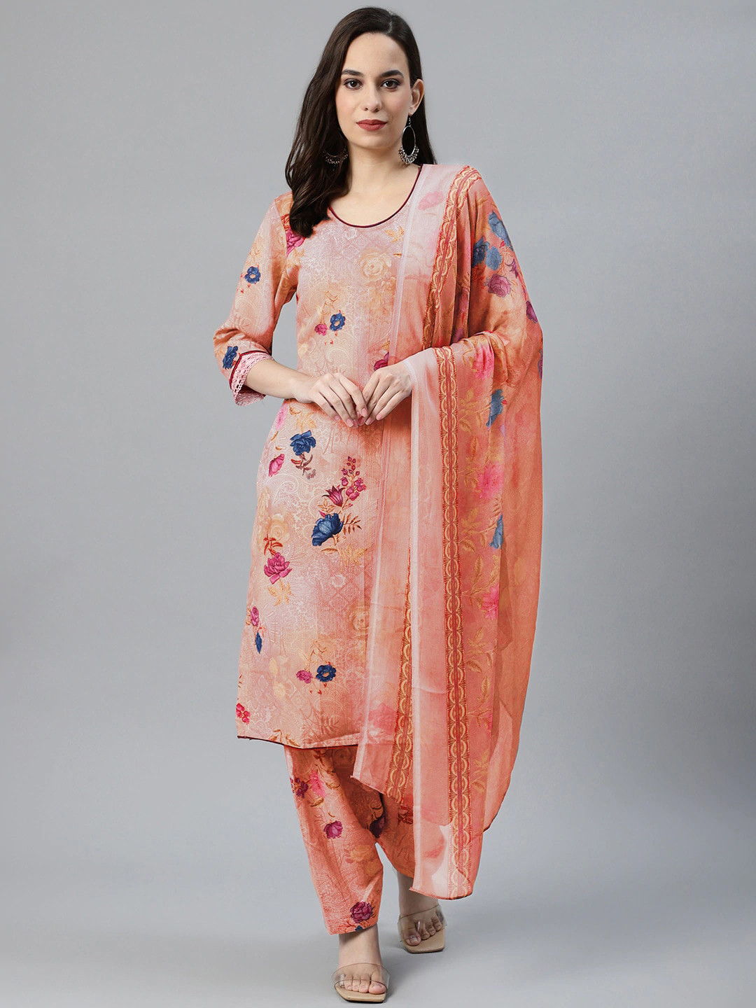 Chhabra 555 Women Peach Floral Printed Kurta with Salwar & With Dupatta