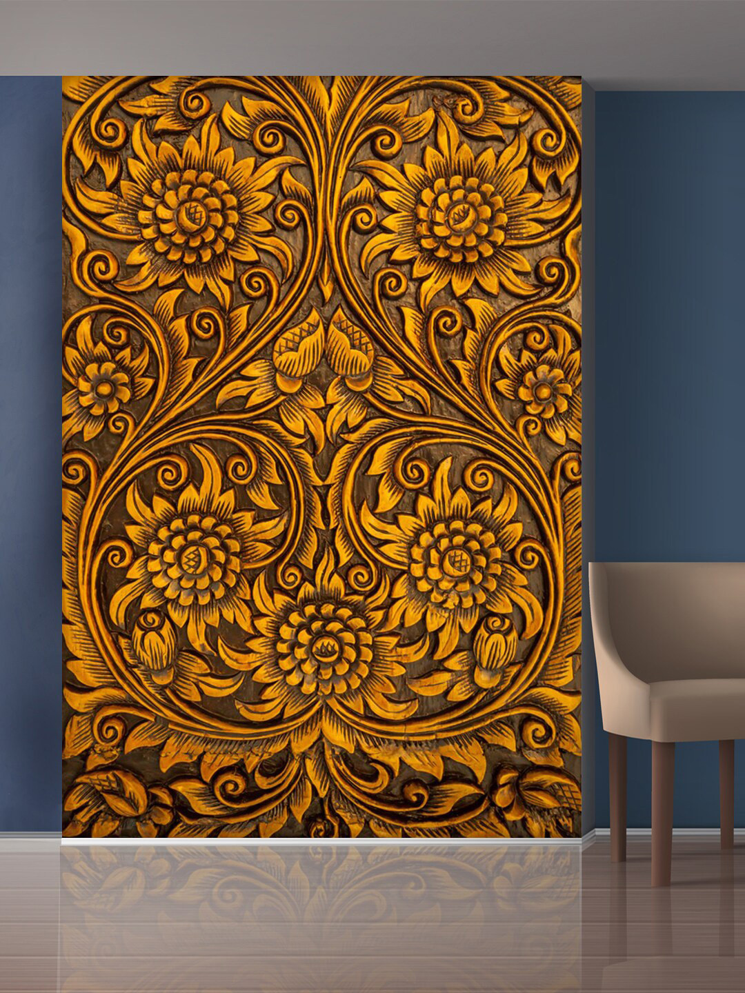 999Store Gold-Toned Flowers And Leaves Mural Self-Adhesive Wallpaper
