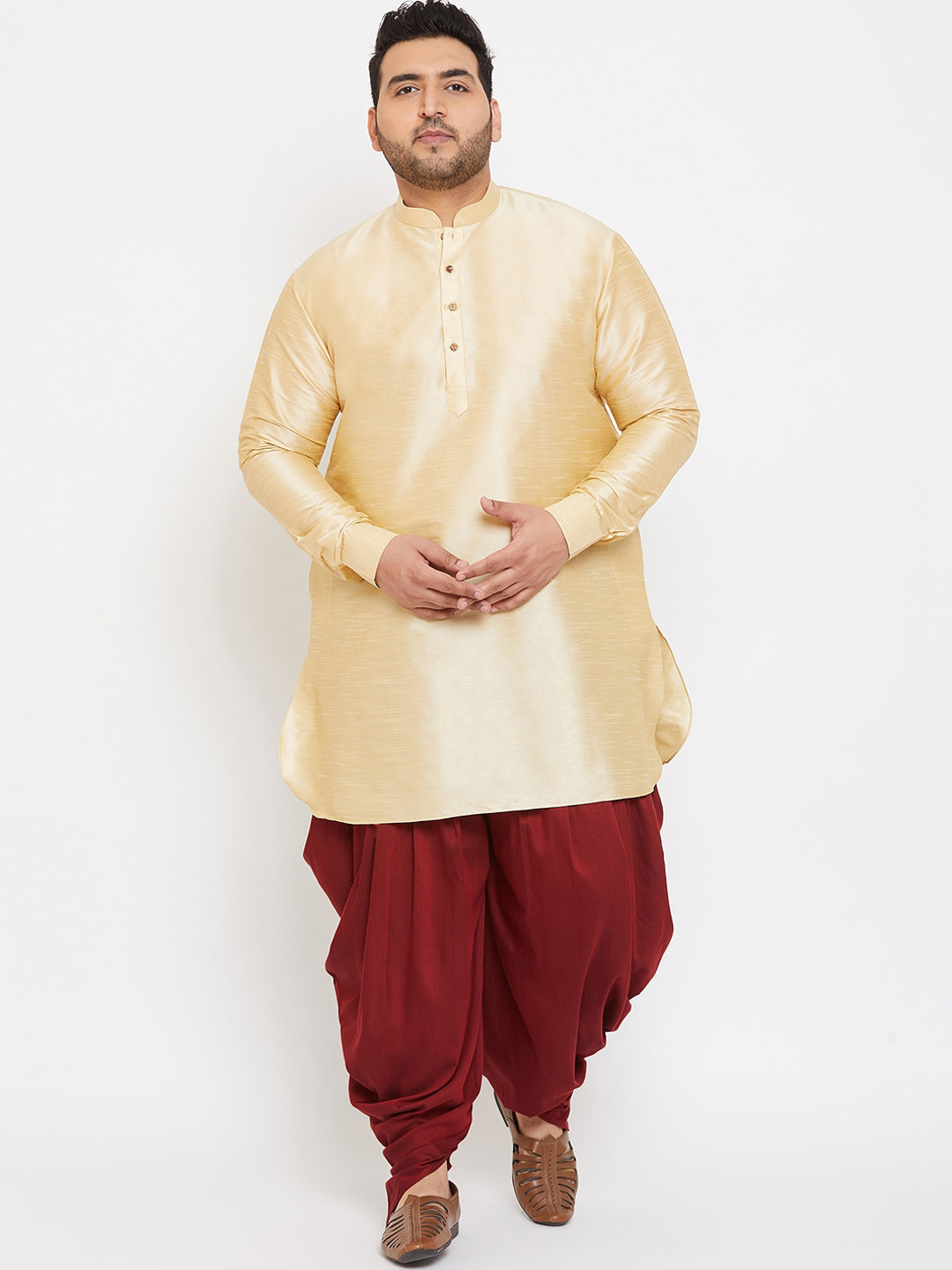 VASTRAMAY Men Golden Kurta with Dhoti Pants