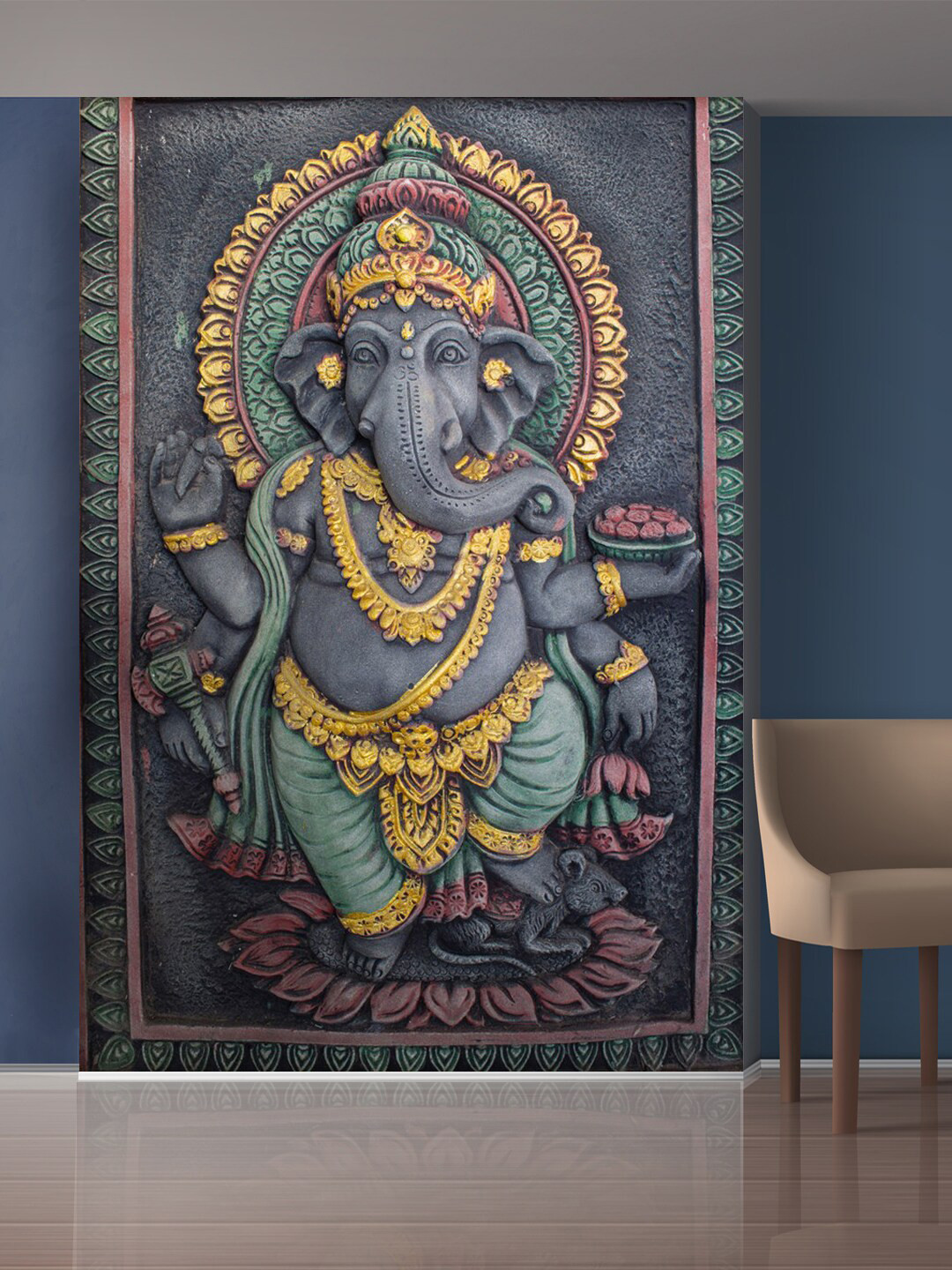 999Store Grey & Gold-Toned Lord Ganesha Mural Wallpaper