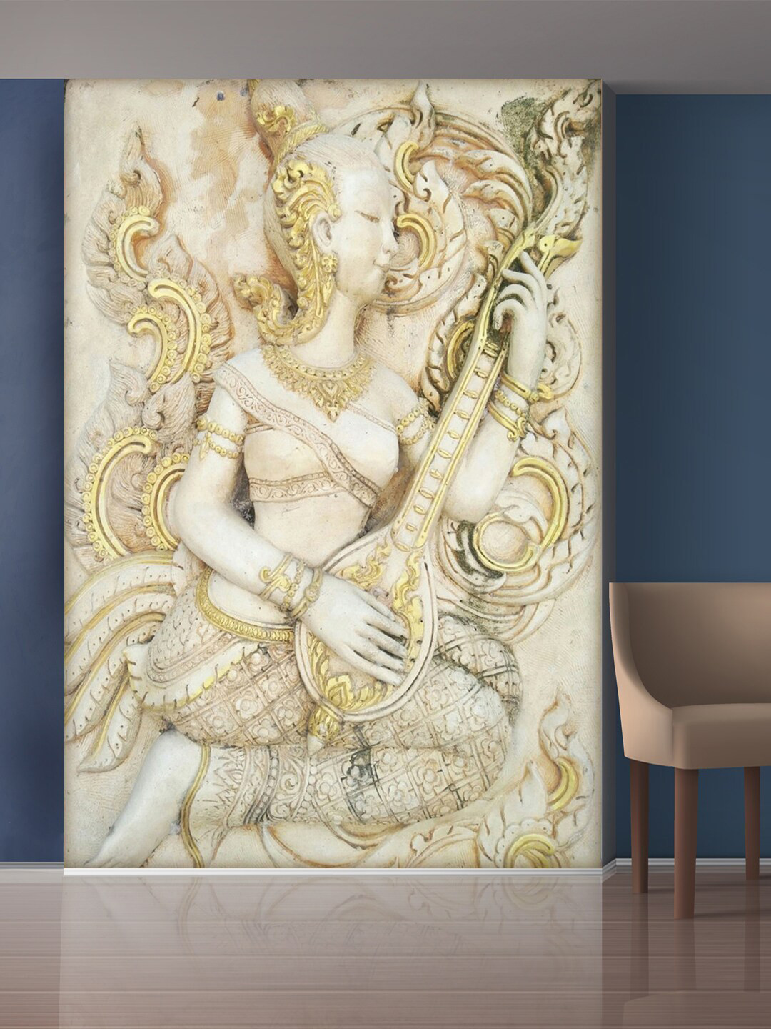 999Store White & Gold-Toned Flowers And Sitting Lady Playing Sitar Wallpaper
