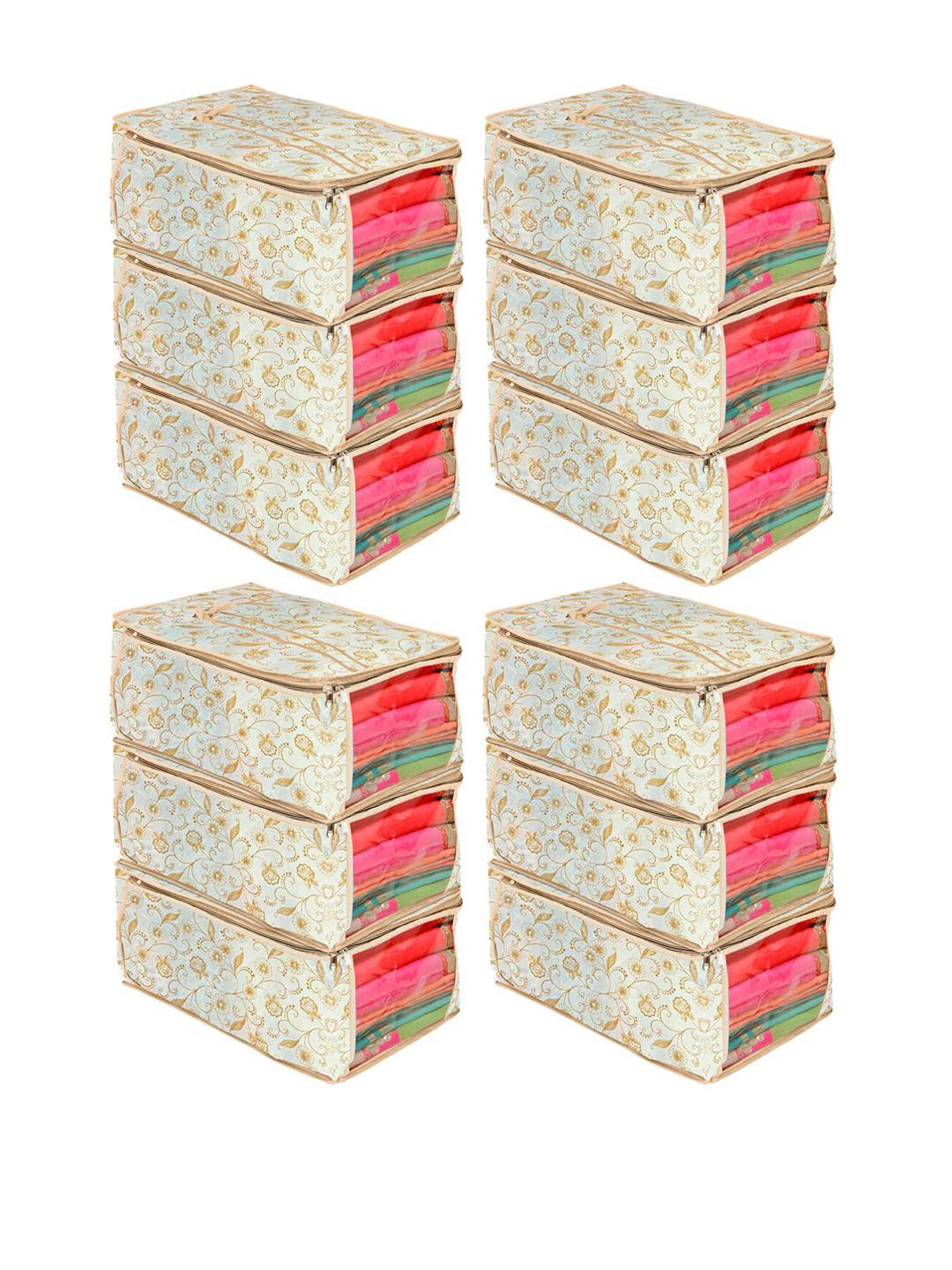 Kuber Industries Set Of 12 Brown & White Metalic Leaf Printed Saree Organisers