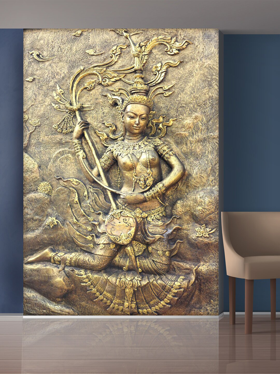 999Store Gold-Toned Lady Playing The Sitar Mural Self-Adhesive Wallpaper