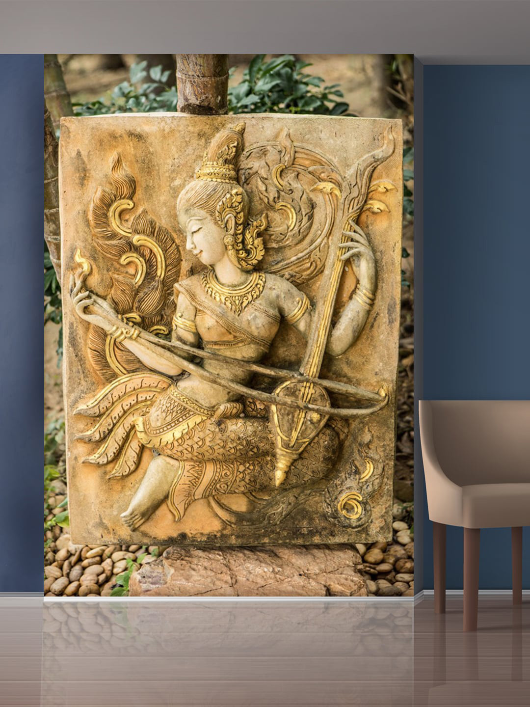 999Store Beige & Brown Beautiful Lady Playing Sitar Mural Self-Adhesive Wallpaper