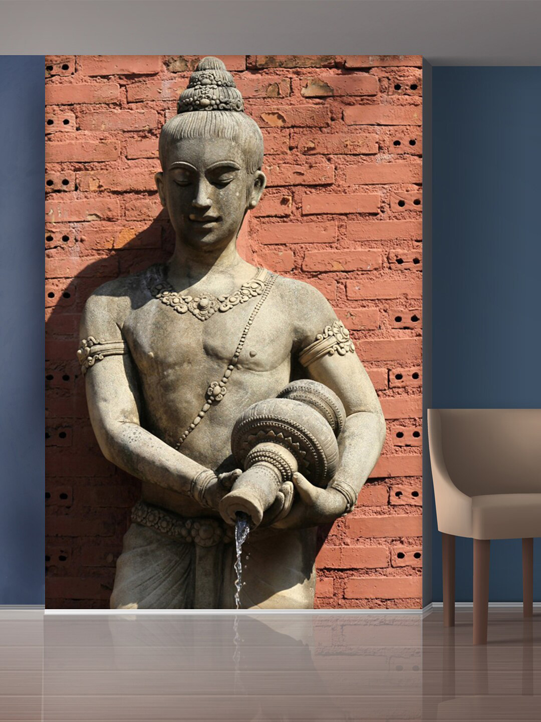 999Store Red & Grey Bricks And Lady Standing With Water Pot Mural Self-Adhesive Wallpaper