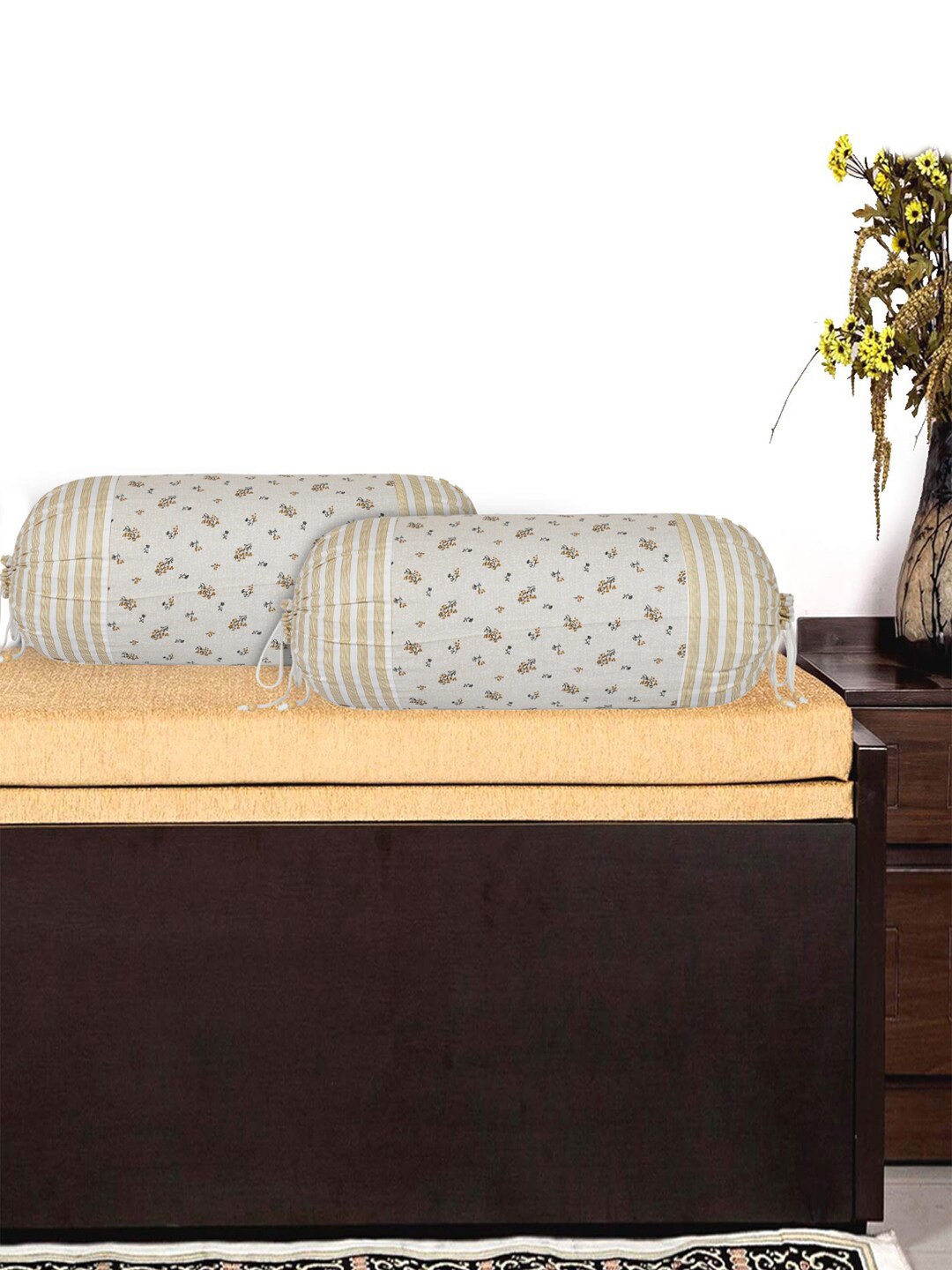 Kuber Industries Set of 2 Cream-Coloured & Mustard Yellow Printed Cotton Bolster Covers