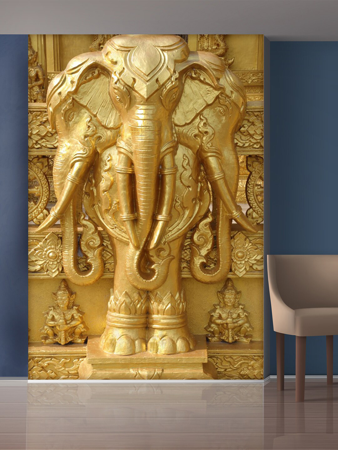 999Store Gold-Toned Flowers & Elephant Mural Self-Adhesive Wallpaper