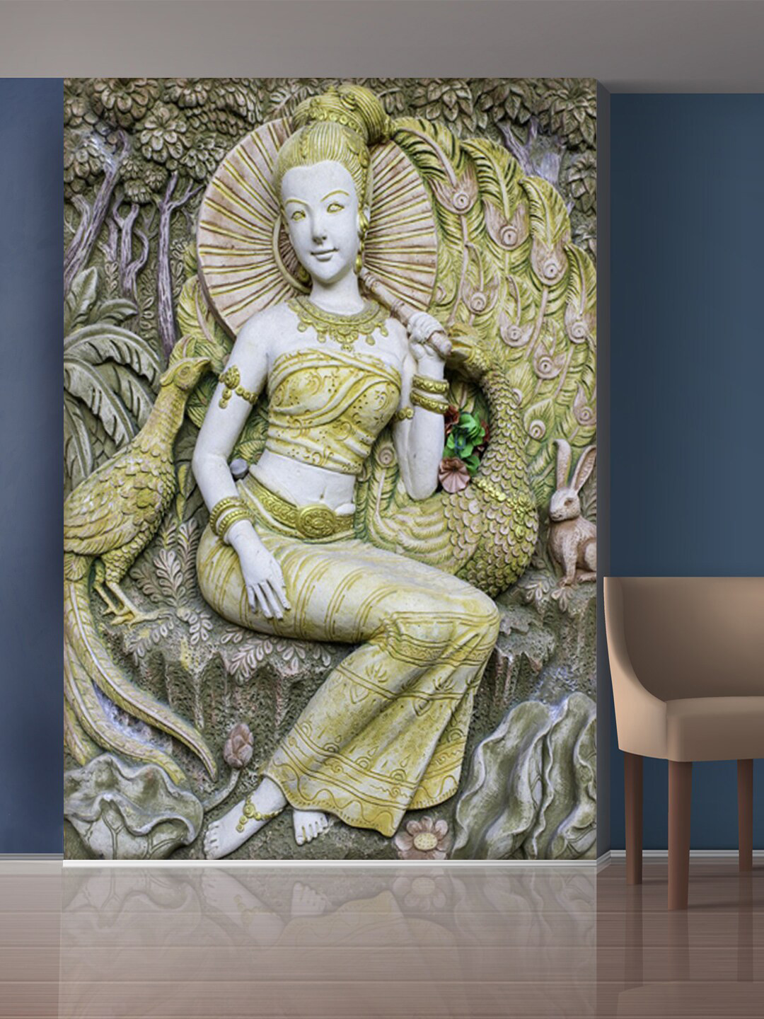 999Store Gold-Toned & White Peacock & Lady Mural Wallpaper