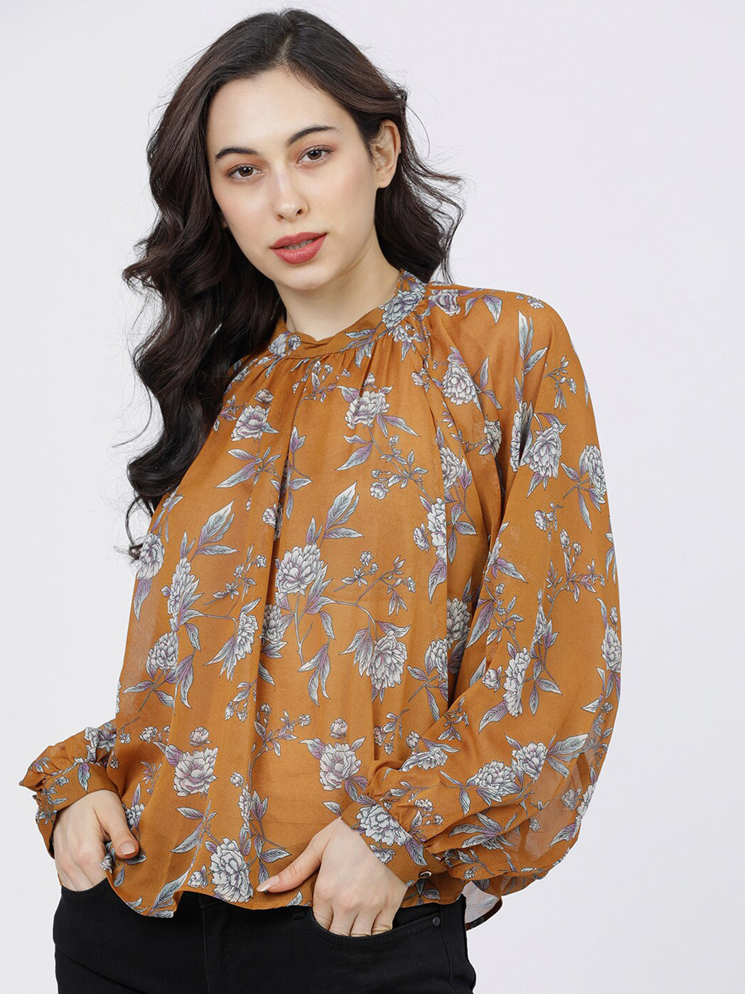 Tokyo Talkies Rust Floral Tie-Up Neck Regular Top