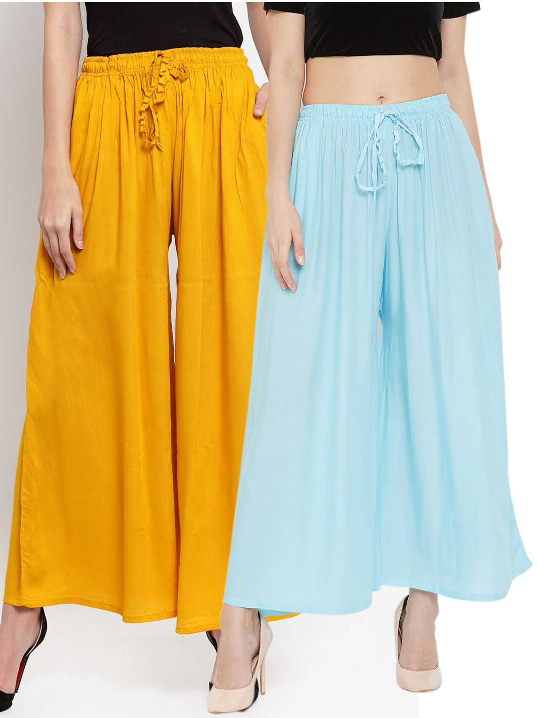 Clora Creation Women Mustard & Turquoise Blue 2 Knitted Ethnic Palazzos