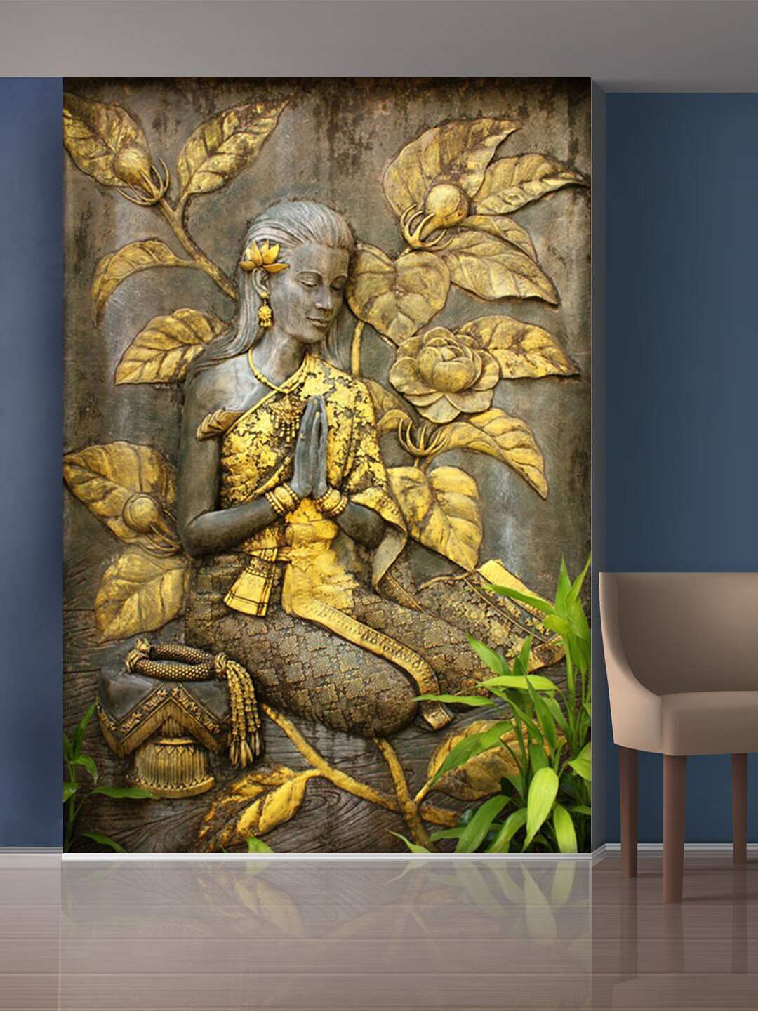 999Store Gold-Toned & Grey Flowers And Praying Hands Sitting Lady Mural Self-Adhesive Wallpaper