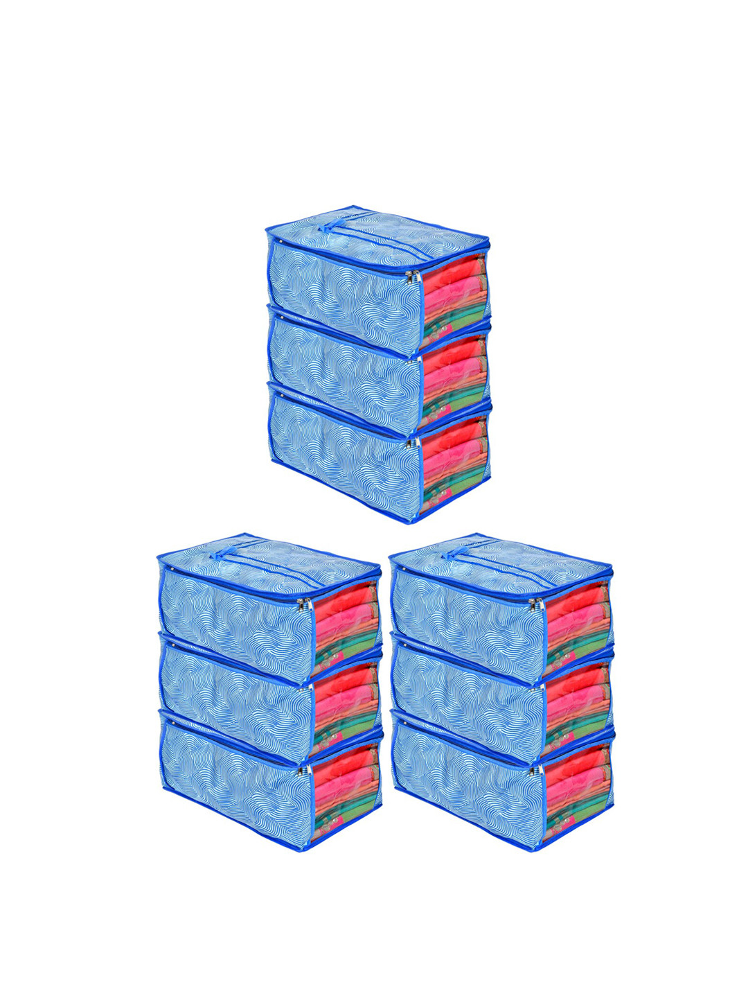 Kuber Industries Set Of 9 Blue & White Lahariya Print Saree Cover Organizers