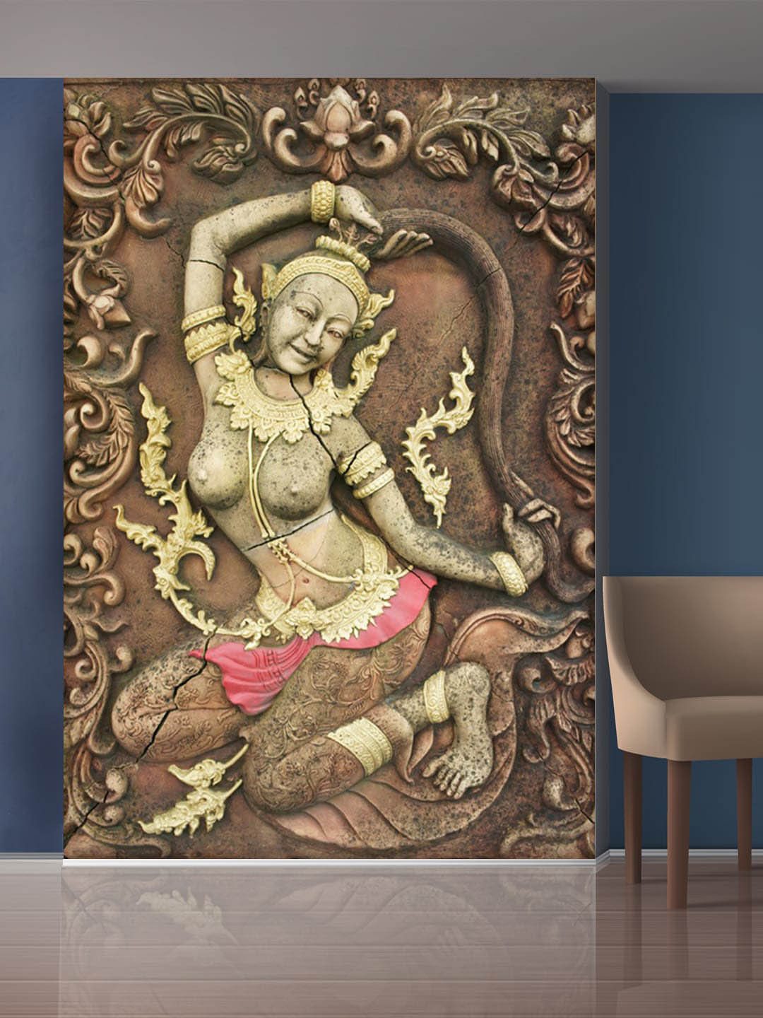 999Store Brown & Gold-Toned Flowers & Dancing Lady Mural Self-Adhesive Wallpaper