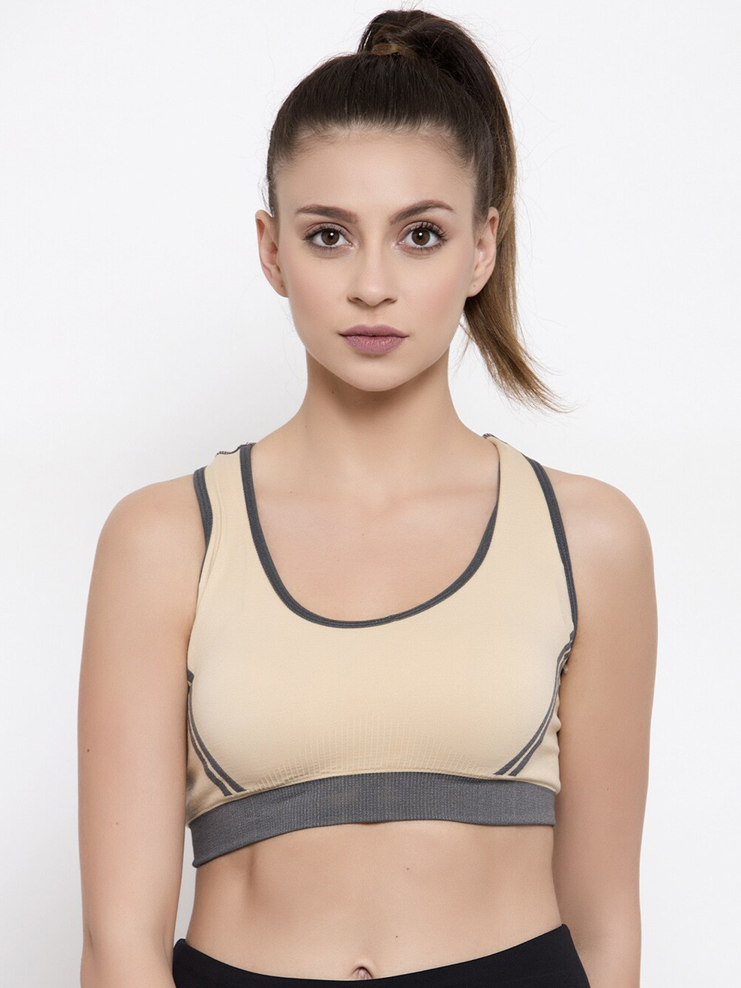 Friskers Beige & Grey Workout Bra Full Coverage Lightly Padded