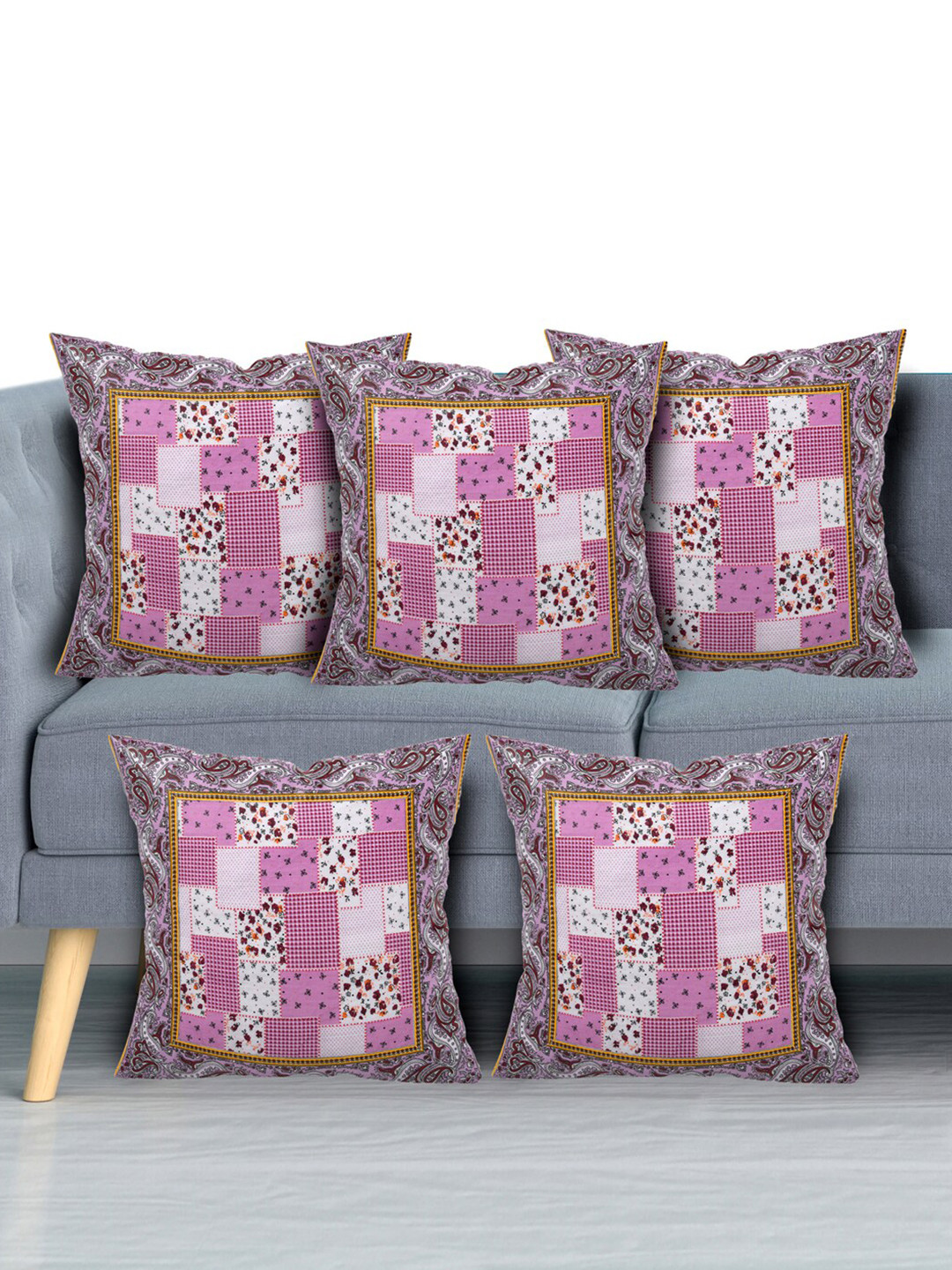 Kuber Industries Check Floral Cotton 5 Pcs Square Cushion Covers - 15.7 x 15.7 In