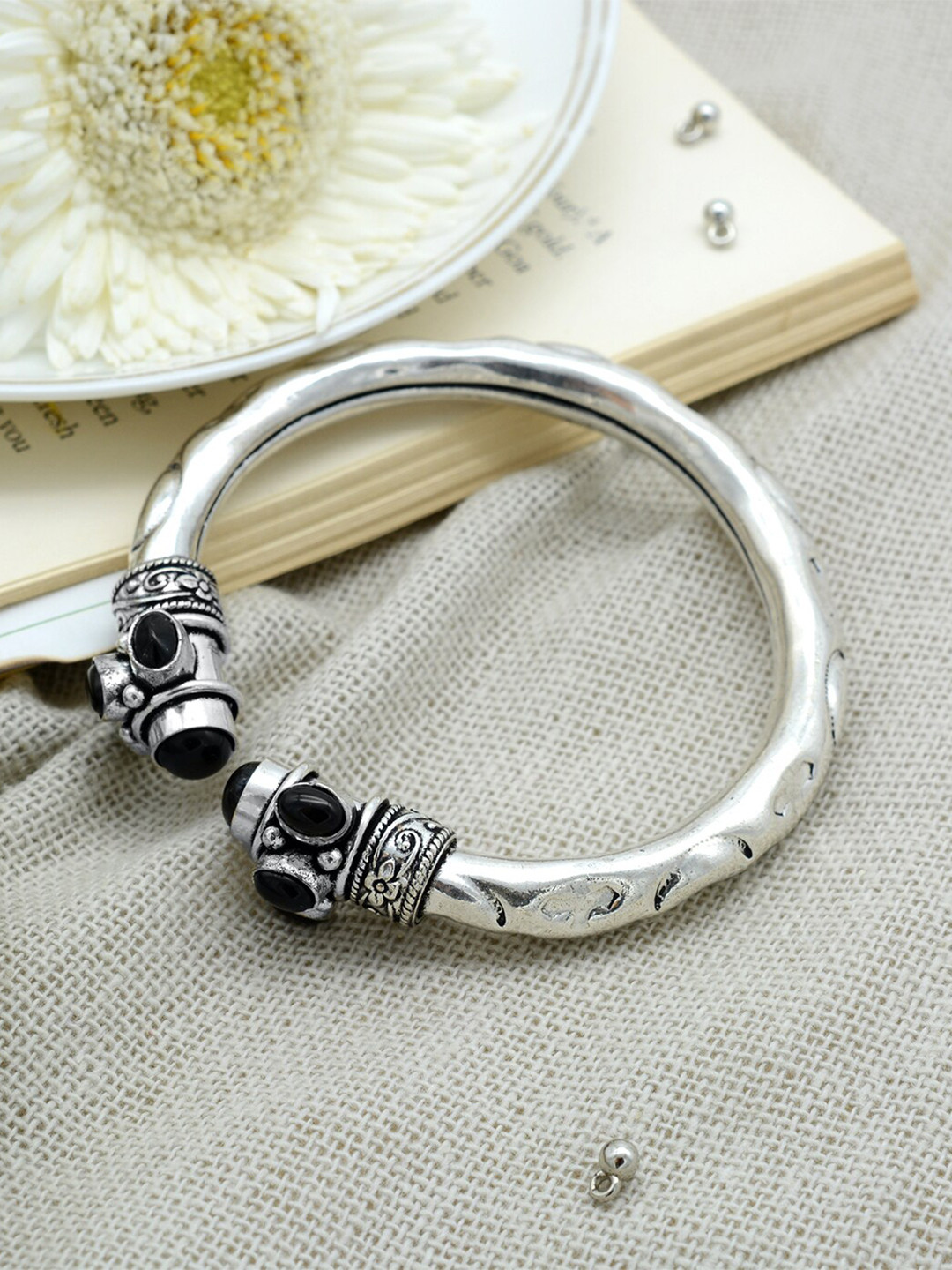 TEEJH Women Silver & Black German Silver Oxidised Cuff Bracelet