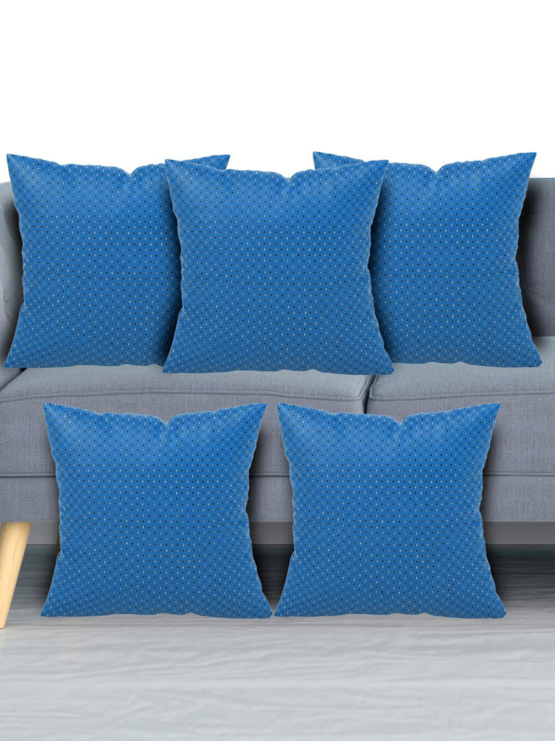 Kuber Industries Set Of 5 Blue & Gold-Toned Geometric Velvet Square Cushion Covers