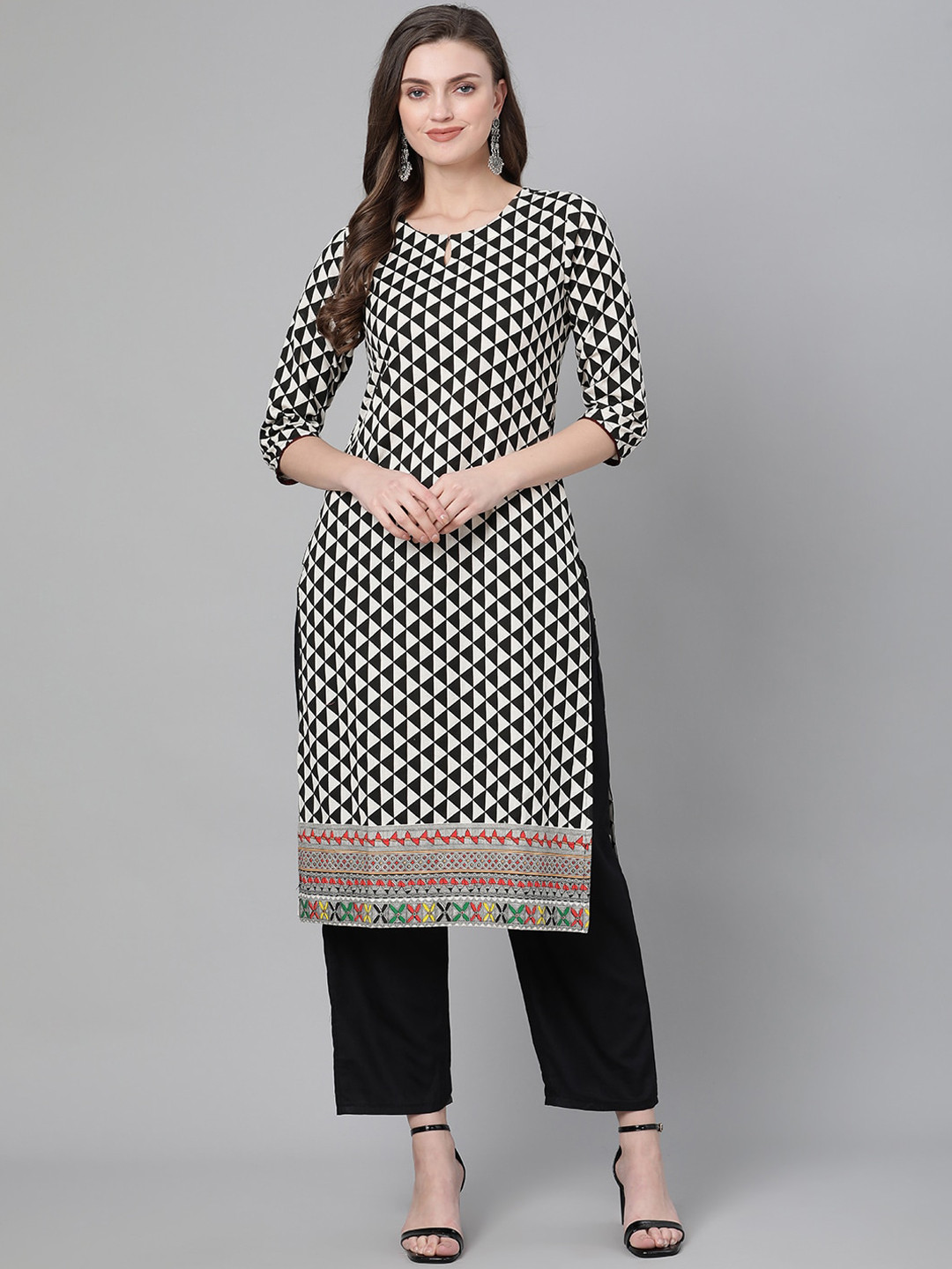 Indo Era Women Black & White Geometric Printed Straight Kurta