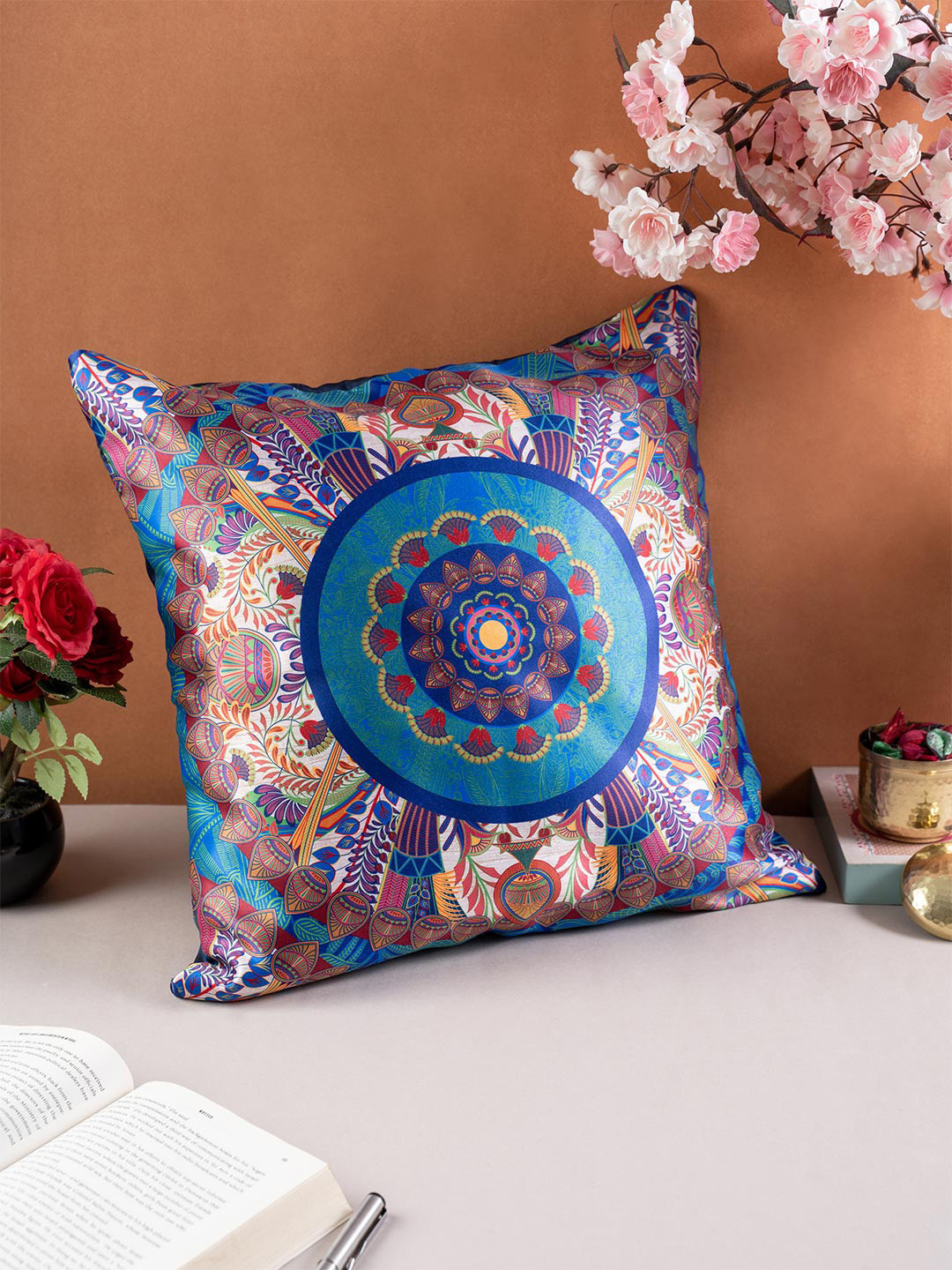 KOLOROBIA Blue Floral Satin Ultra Soft Square Cushion Cover - 16 x 16 Inches