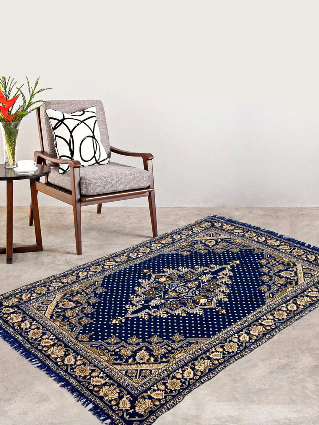 Kuber Industries Blue & Beige Traditional Printed Anti-Skid Carpet