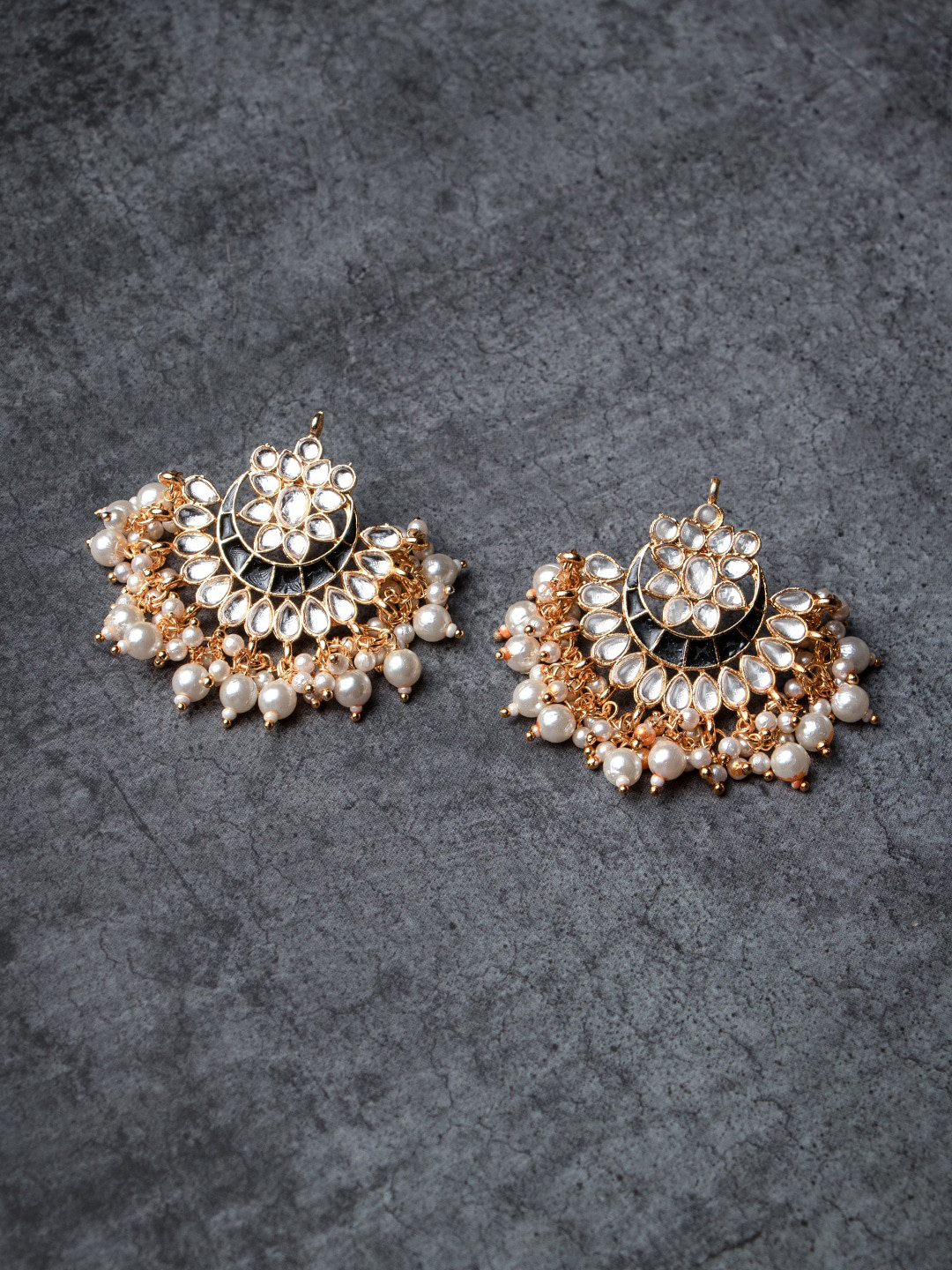 MORKANTH JEWELLERY Gold-Toned & Black Kundan Studded White Pearls Chandbalis Earrings