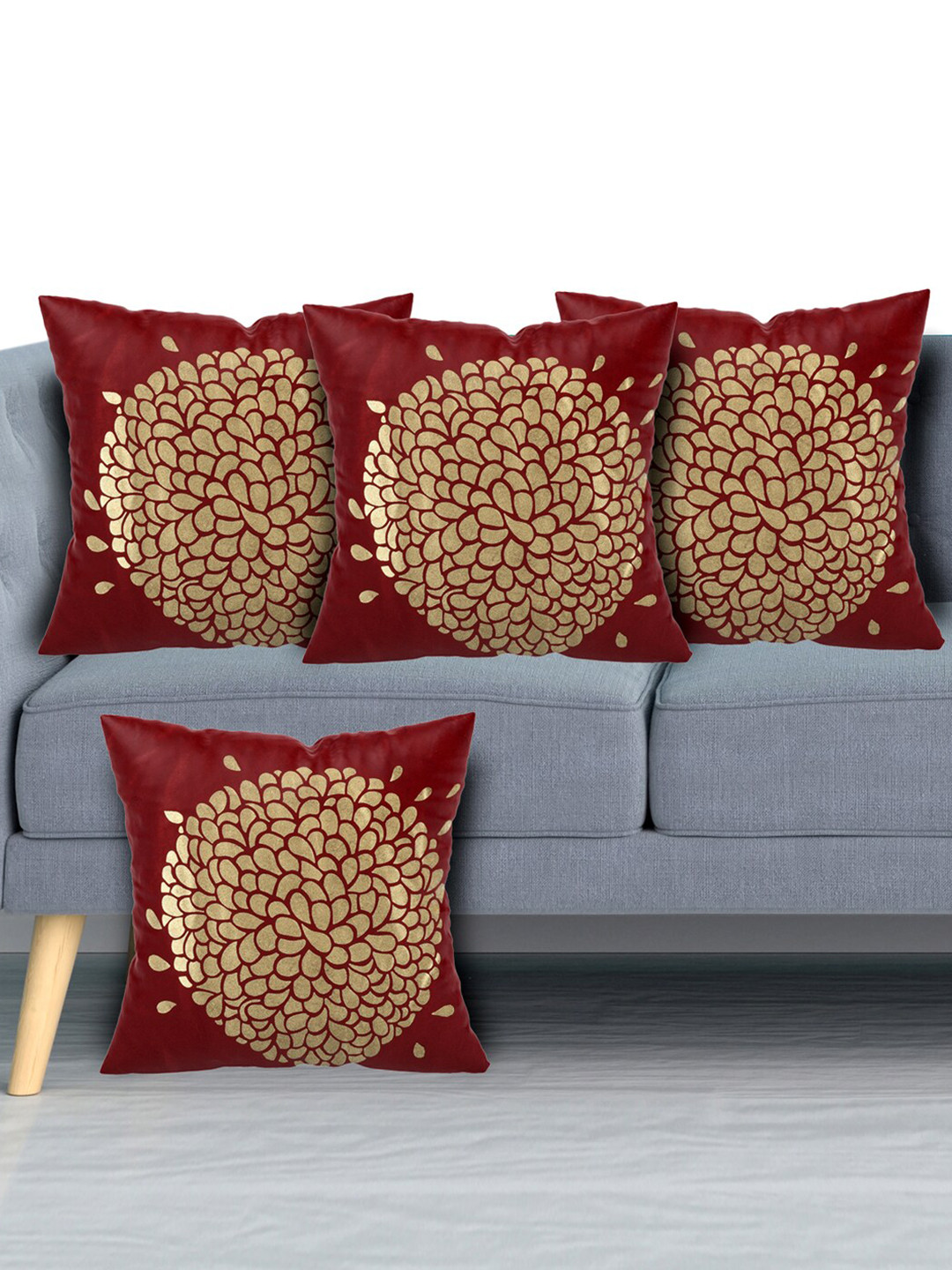 Kuber Industries Maroon & Gold-Toned Set of 4 Ethnic Motifs Velvet Square Cushion Covers