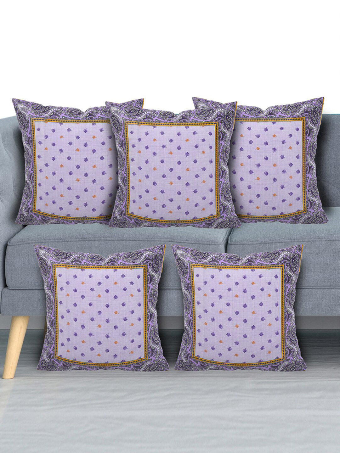 Kuber Industries Leaf Design Purple Floral Cotton 5 Piece Square Cushion Covers -16x16In