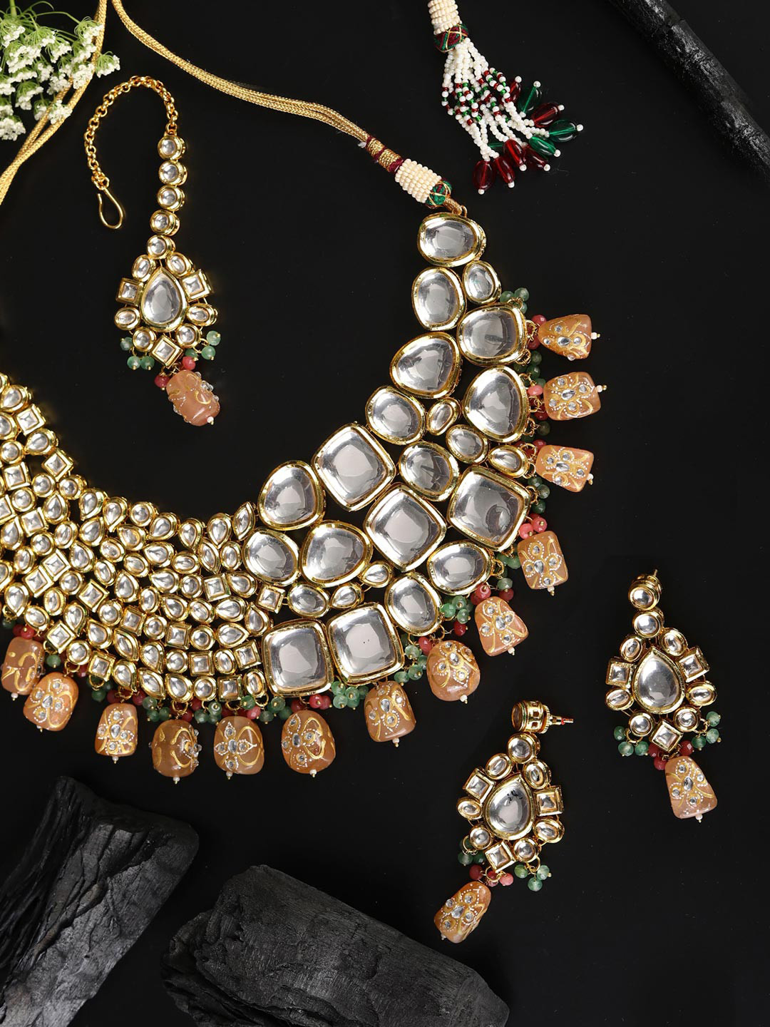 Priyaasi Gold-Plated Peach-Coloured Pearl & Kundan-Studded Jewellery Set