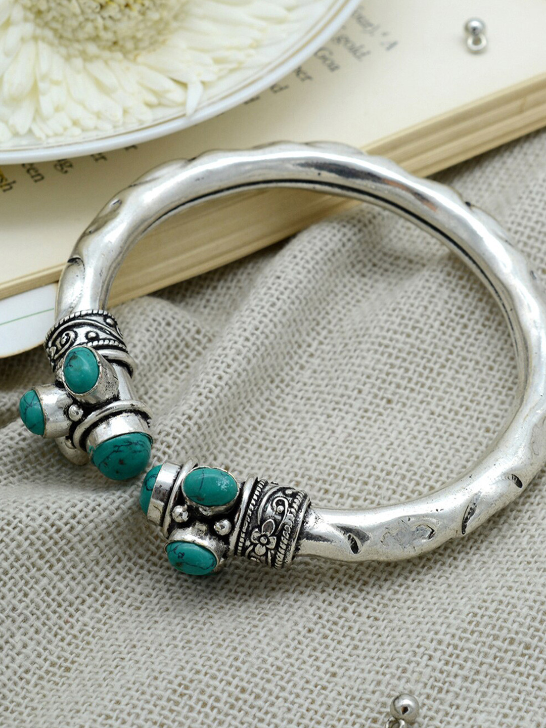 TEEJH Women Silver & Turquoise Blue German Silver Oxidised Cuff Bracelet