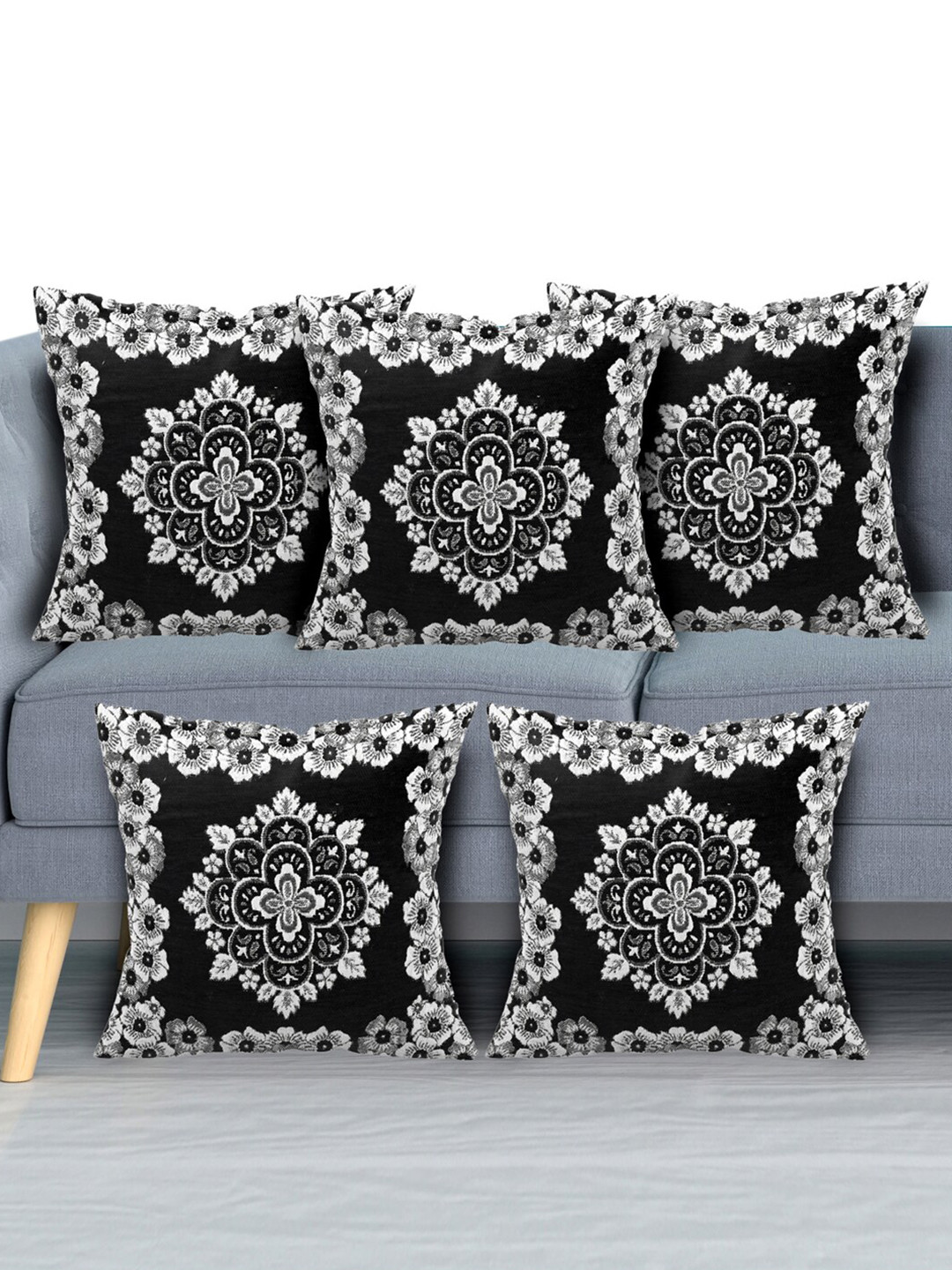 Kuber Industries Floral Velvet Durable 5 Pcs Embroidered Square Cushion Covers -16x16In