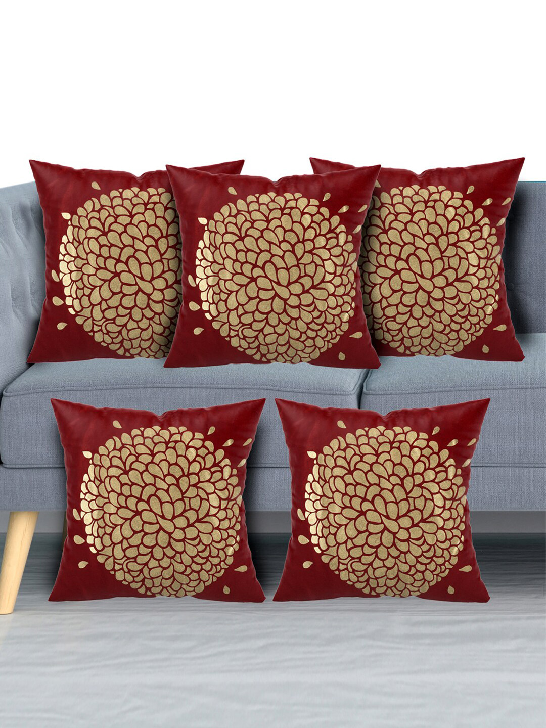 Kuber Industries Maroon & Gold-Toned Set of 5 Floral Velvet Square Cushion Covers