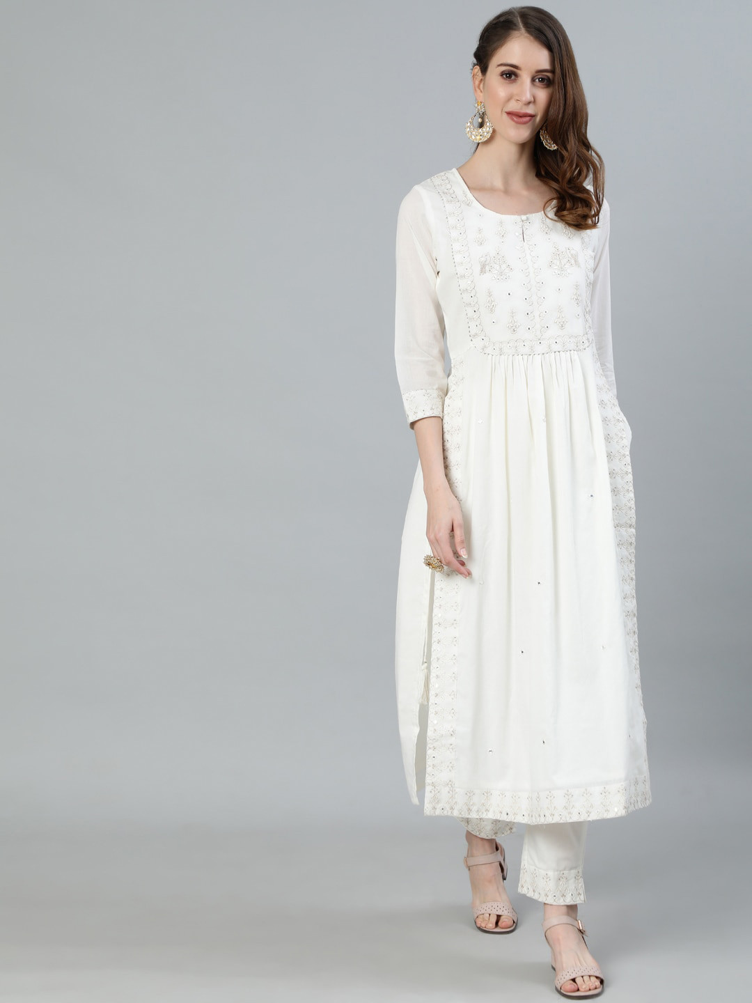 Ishin Women Off White Ethnic Motifs Embroidered Pleated Pure Cotton Kurta with Trousers