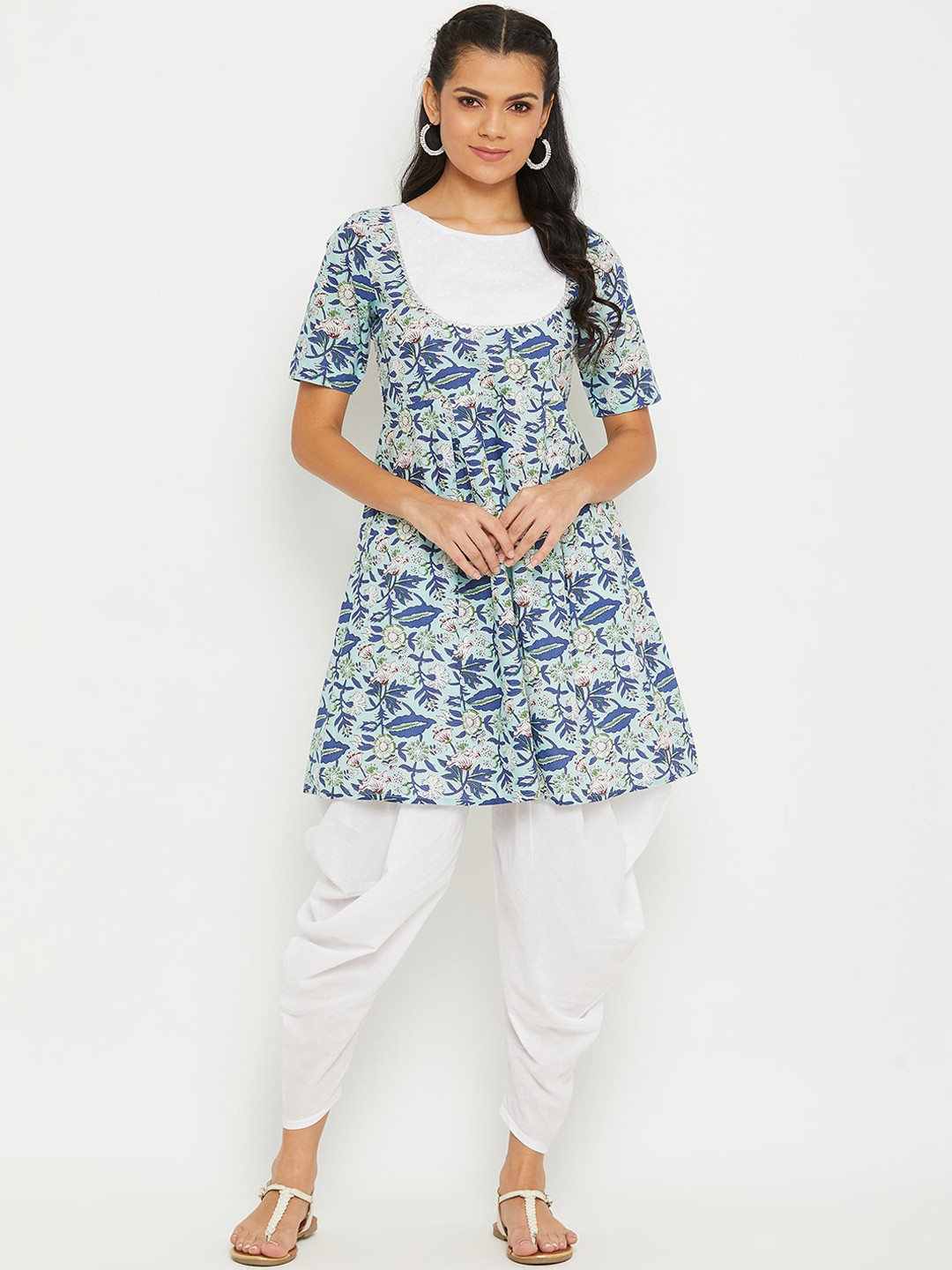 PANIT Women Sea Green Floral Printed Empire Kurti with Dhoti Pants