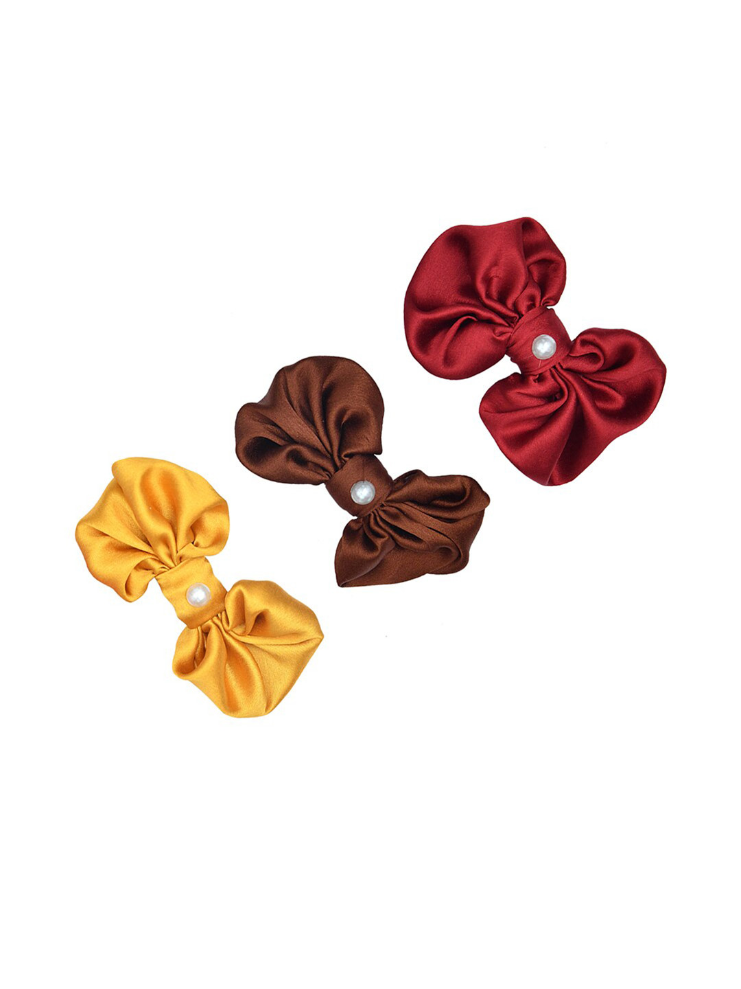 FUNKRAFTS Girls Set of 3 Mustard & Brown Satin Silk Bows Alligator Hair Clip