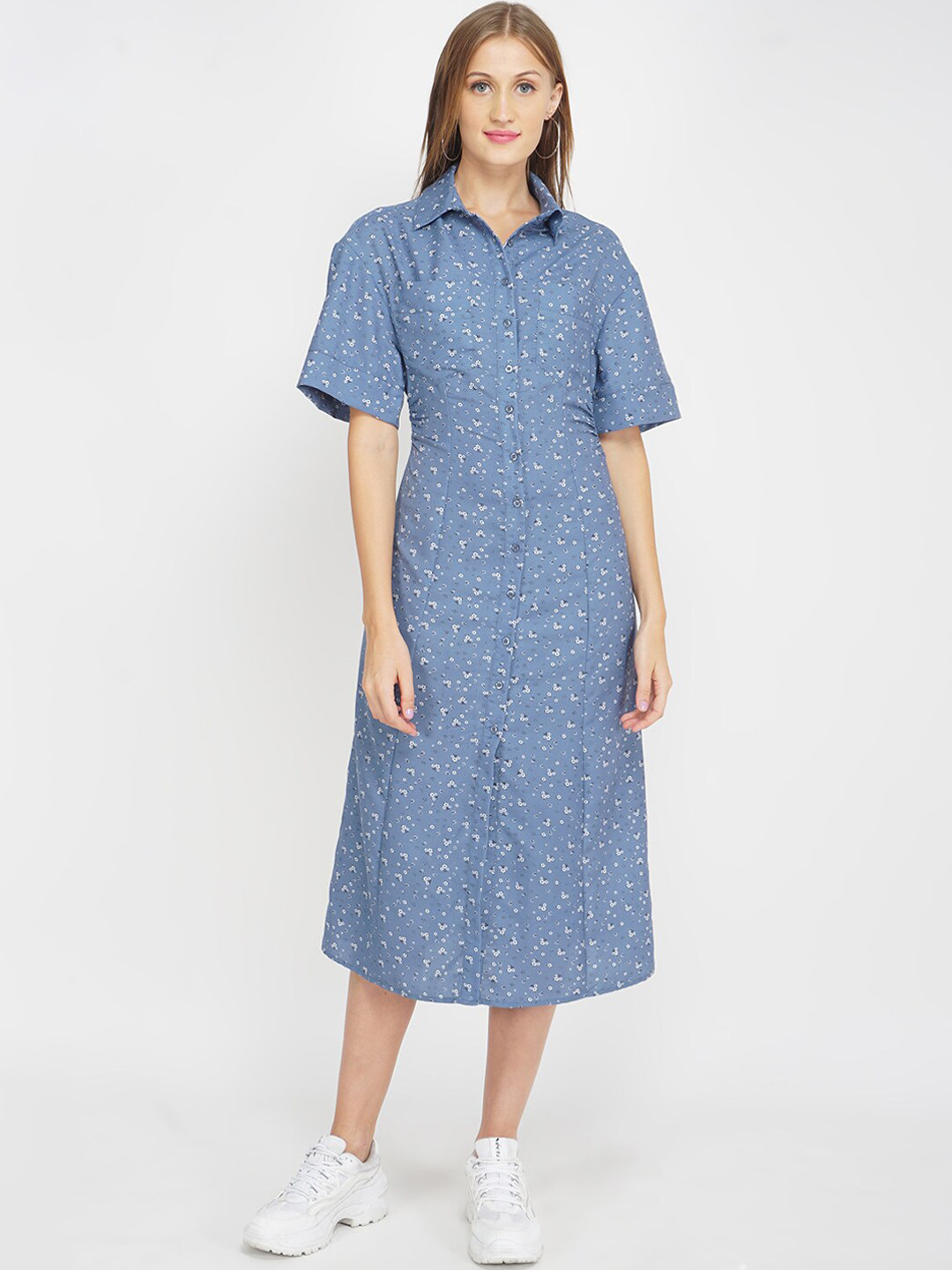 Oxolloxo Blue Floral Satin Shirt Midi Dress