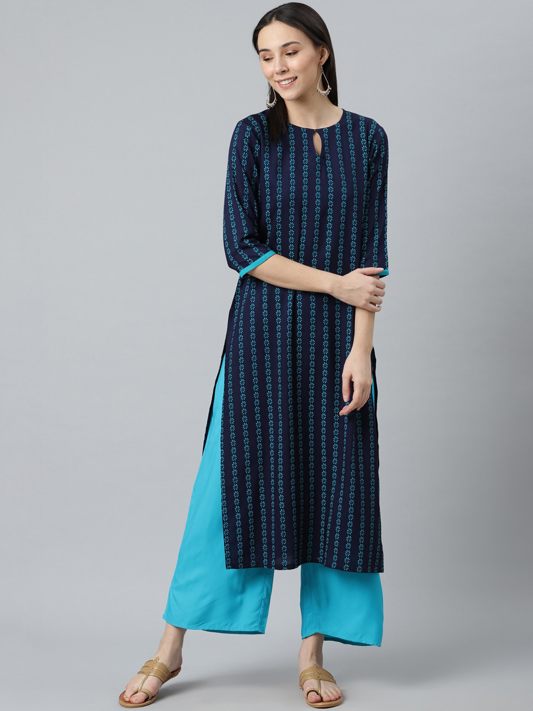 Gerua By Libas Women Blue Striped Keyhole Neck Kurta