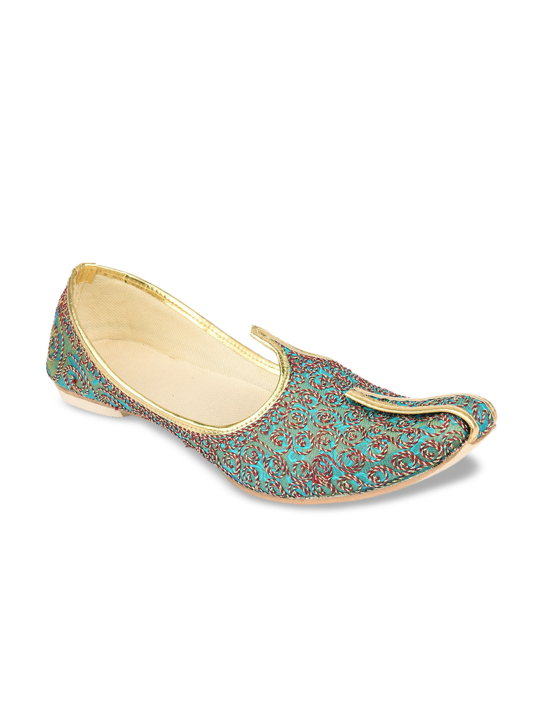 DESI COLOUR Men Sea Green Woven Design Mojaris